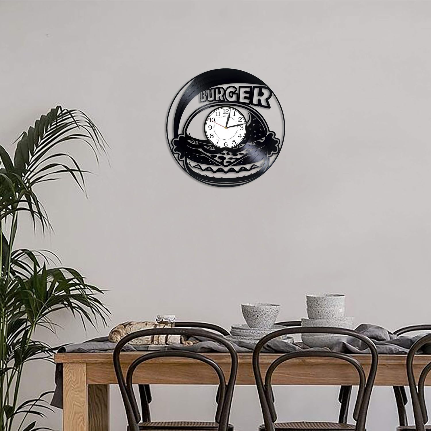 Burger Birthday Gift Idea Fast Food Vinyl Clock 12 Inch for Man and Woman Burger Original Kitchen Decor Fast Food Vinyl Record Wall Clock Burger Handmade Products