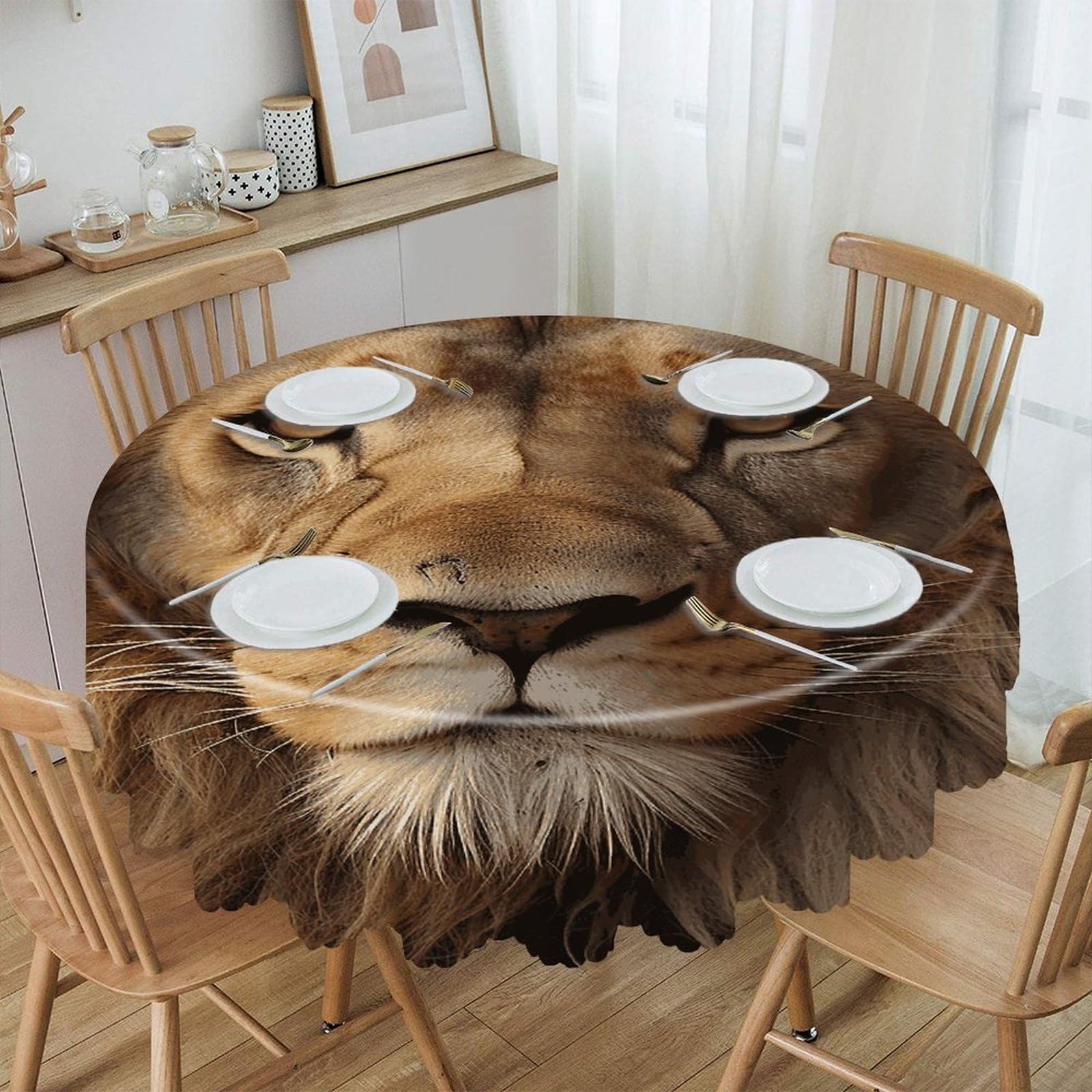 VstaDank African Lion Head Round Tablecloth 60 Inch Easy to Clean Circle Table Cover Thick Decorative Round Polyester Table Cloth for Dining Kitchen Party Farmhouse Outdoor
