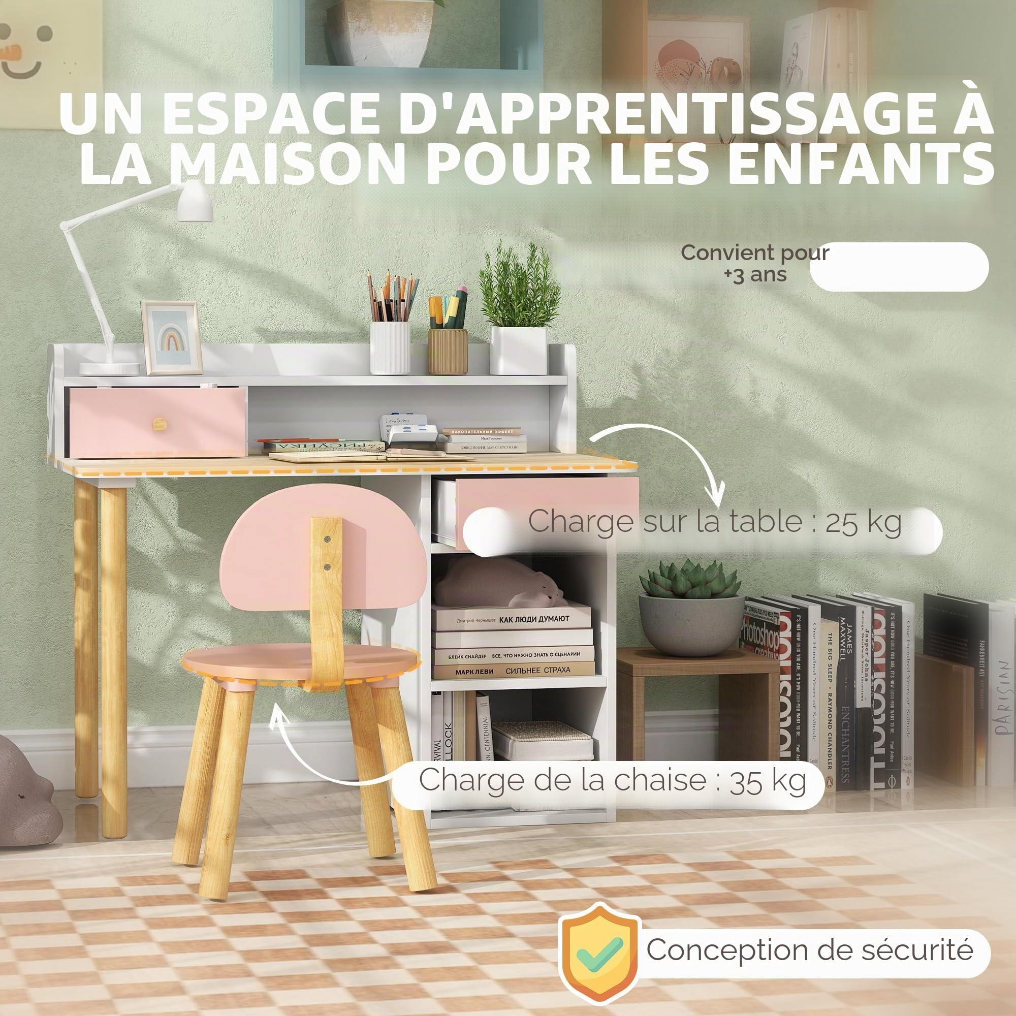AIYAPLAY Bureau et chaise pour enfants +3 ans avec tiroirs et étagères - Rose et blanc