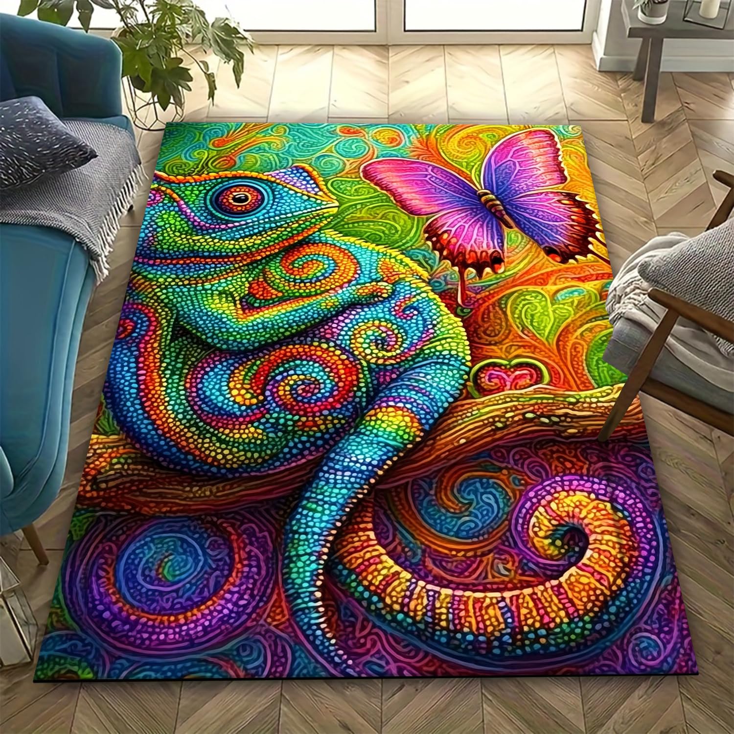 Tapis de sol canapé antidérapant caméléon imprimé 140 x 200 cm facile à nettoyer ménage