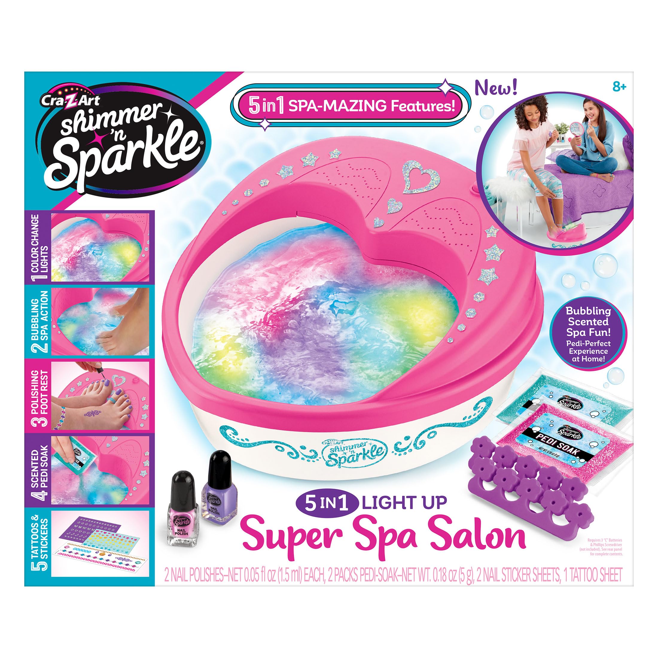 Shimmer N Sparkle Light Up 5 w 1 Light-Up Super Spa Salon | Zestaw do pedicure w domu z efektami świetlnymi zmieniającymi kolor | Spa dla stóp w stylu salonu dla dzieci i dorosłych
