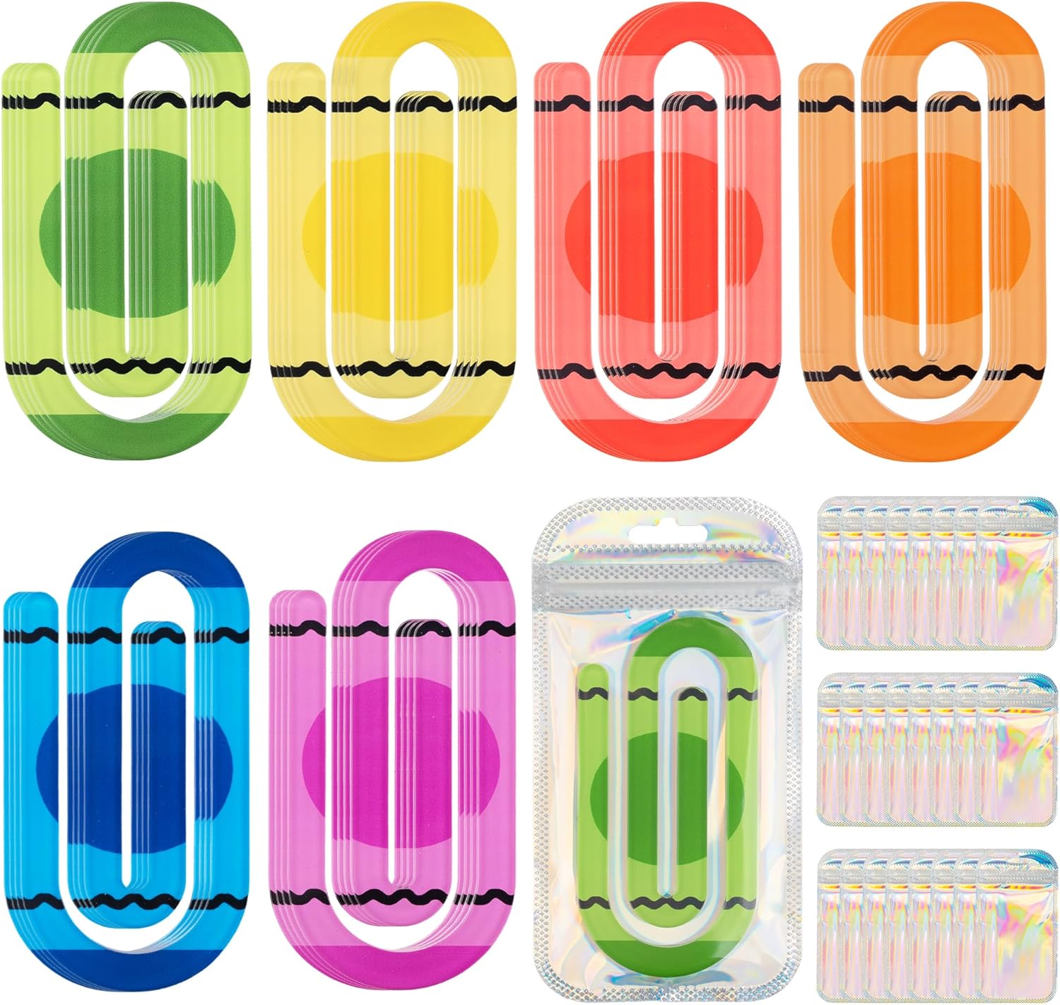 48 Pack Jumbo Acrylic Paper Clips, 4" X 2" 24Pcs Teacher Paper Clips with 24Pcs Gift Bags Personalized Paperclips Bookmark for Home Office Back to School Supplies (Crayon)