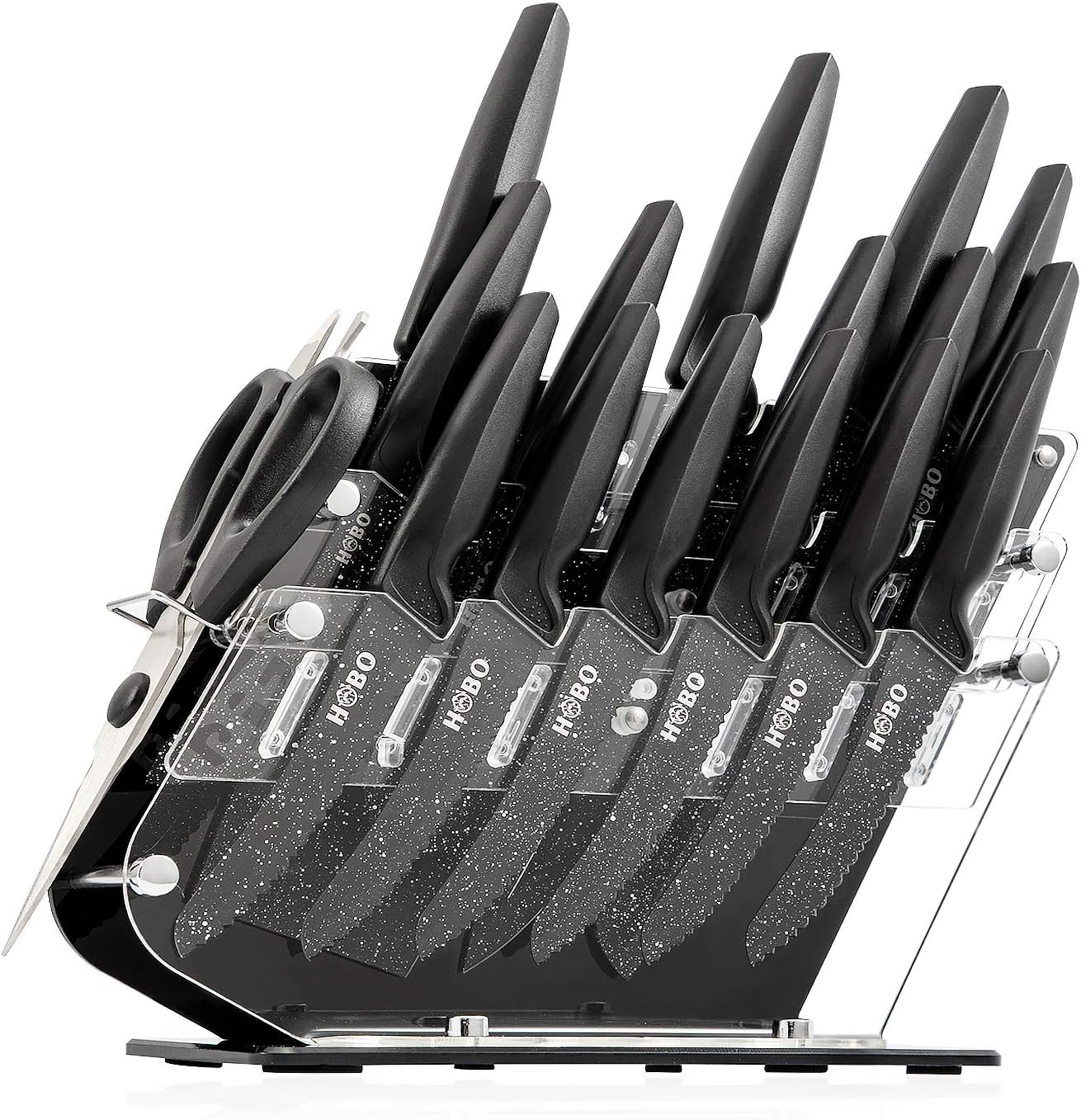Knife Set, HOBO 17-Piece Kitchen Knives Set, German Stainless Steel Chef Knife Set with Acrylic Block, 6 Steak Knives, Professional Non-Slip Handle, Kitchen Scissors, Cooking Black Knife Set
