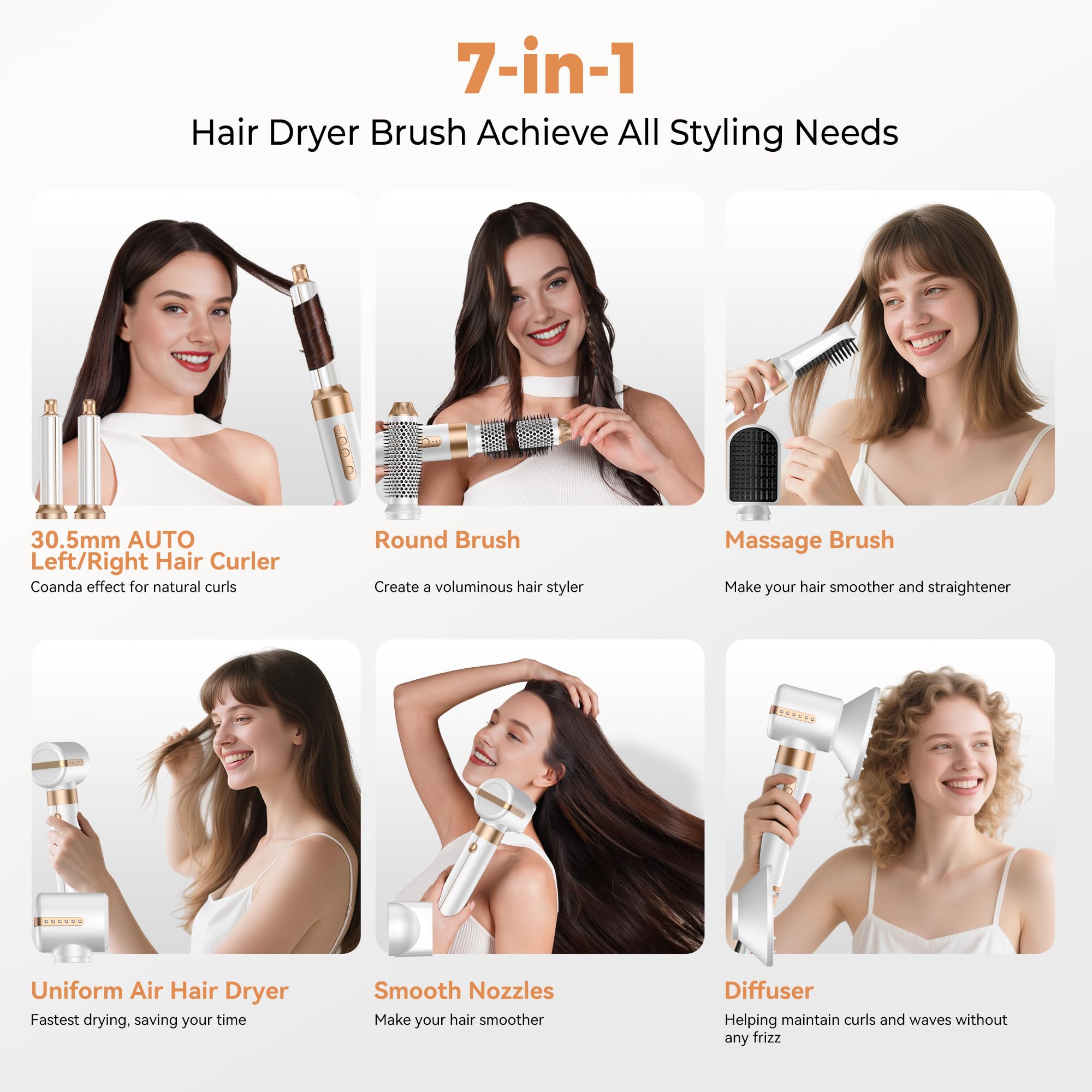 7 in ONE Hair Dryer Brush, Powerful Blow Dryer Brush with Air Curler for Hair, Brush Blow Dryer with Diffuser, Ionic Hot Air Brush Fast Dry, Volumize, Curls, Straight, Hair Styling Tools 100-120V