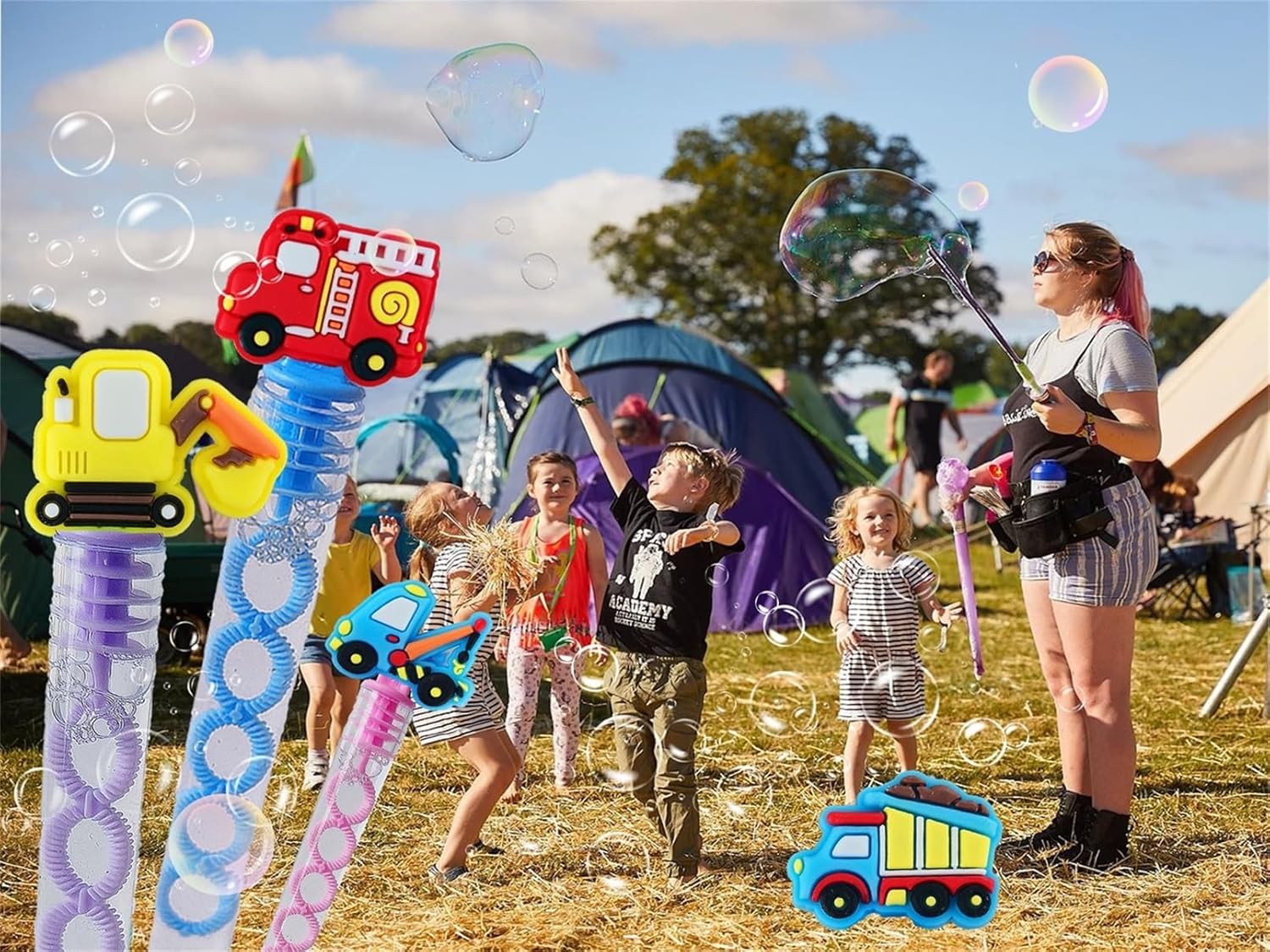 24 Packs Mini Bulk Engineering Car Construction Trucks Digger Vehicle Bubble Wands for School Beach Pool Theme Summer Party Supplies