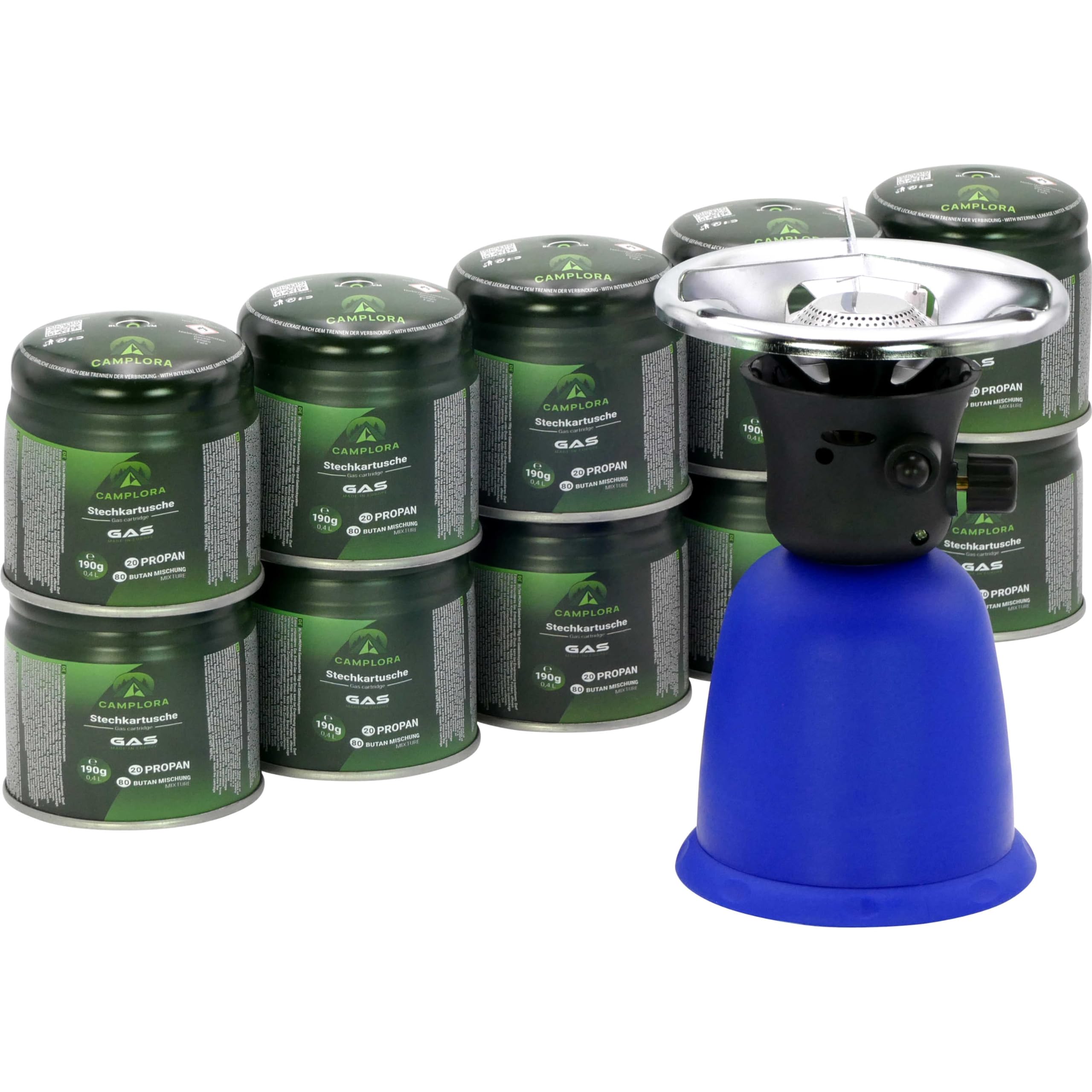 CAMPLORA Gaskocher mit 10 Gaskartuschen und Piezozündung für Stechgaskartuschen 190g EN417, Camping kocher gas, Campingkocher mit Gaskartusche 1 flammig mini gas stove, Gaskocher, Gasherd,stove