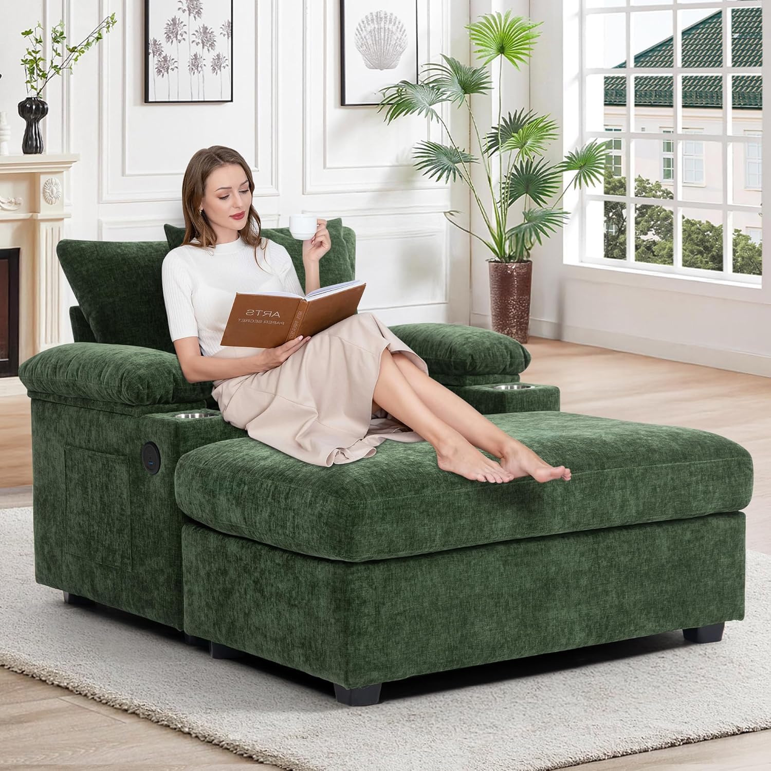 Oversized Chaise Lounge Chair with Ottoman and Cup Holders, Modern Sleeper Sofa with USB Charging Ports for Living Room and Bedroom, Convertible Small Sofa (Green)