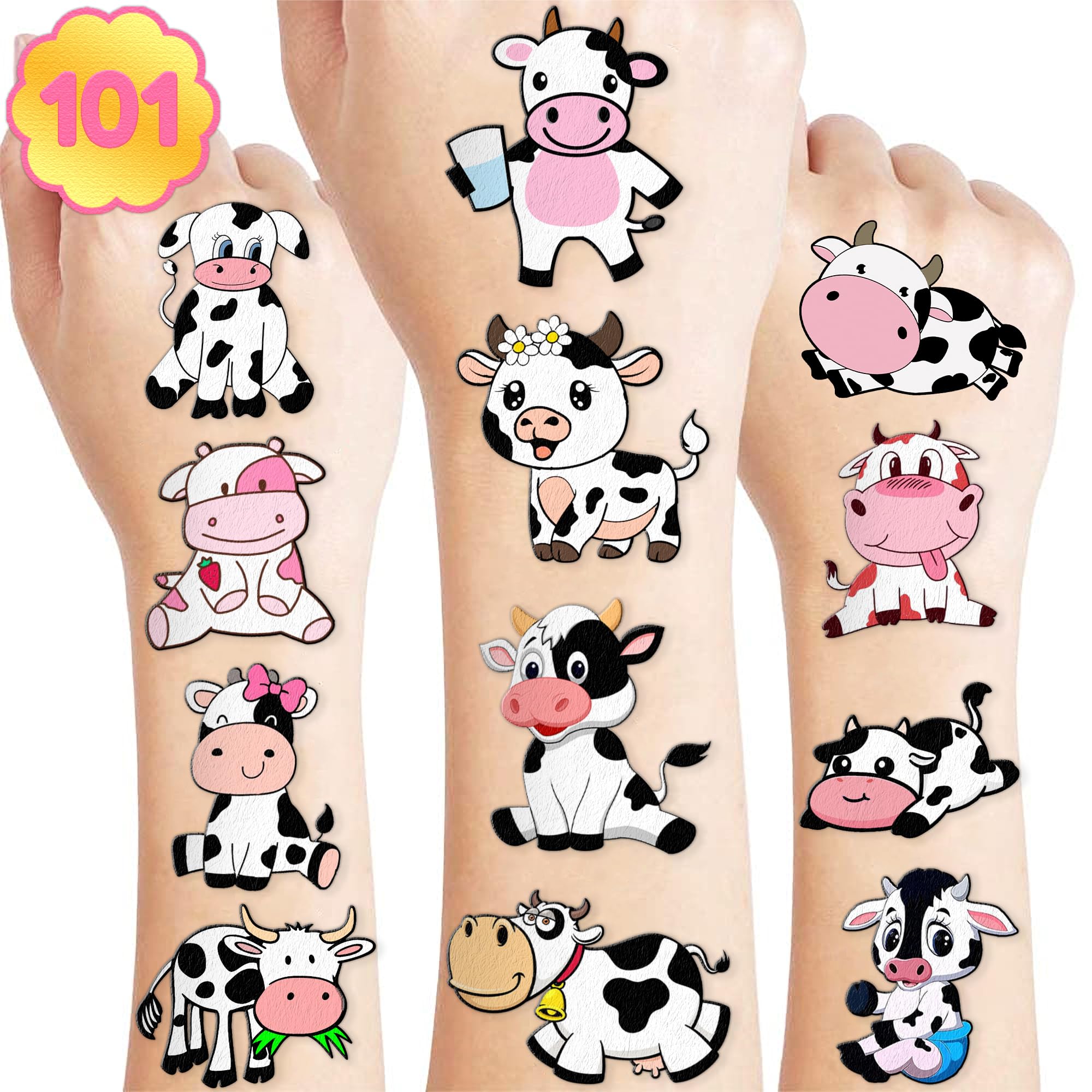 101 PCS Cow Print Farm Animals Temporary Tattoos Themed Birthday Party Decorations Favors Supplies Decor Funny Holy Cow Im One Tattoo Stickers Gifts For Boys Girls Class Prizes Carnival Cartoon