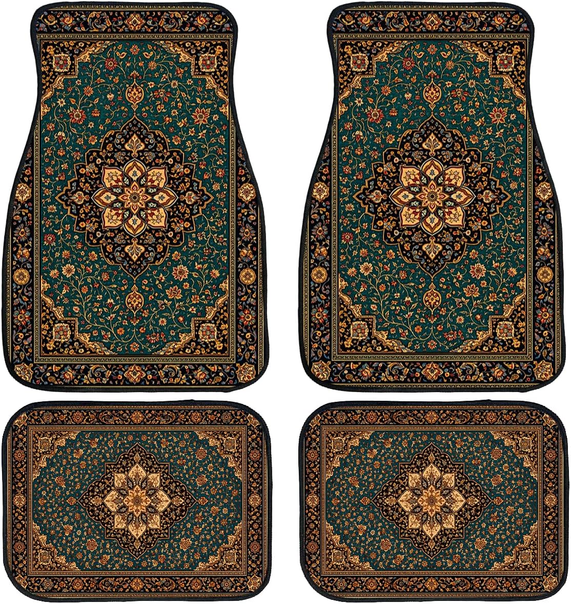 Vintage Floral Car Floor Mats Set of 4 Persian Medallion Ornamental Border Carpet Front Rear Carpets Mat Decorative Car Floor Carpets Non-Slip Auto Car Accessories Universal Fit Car Accessories