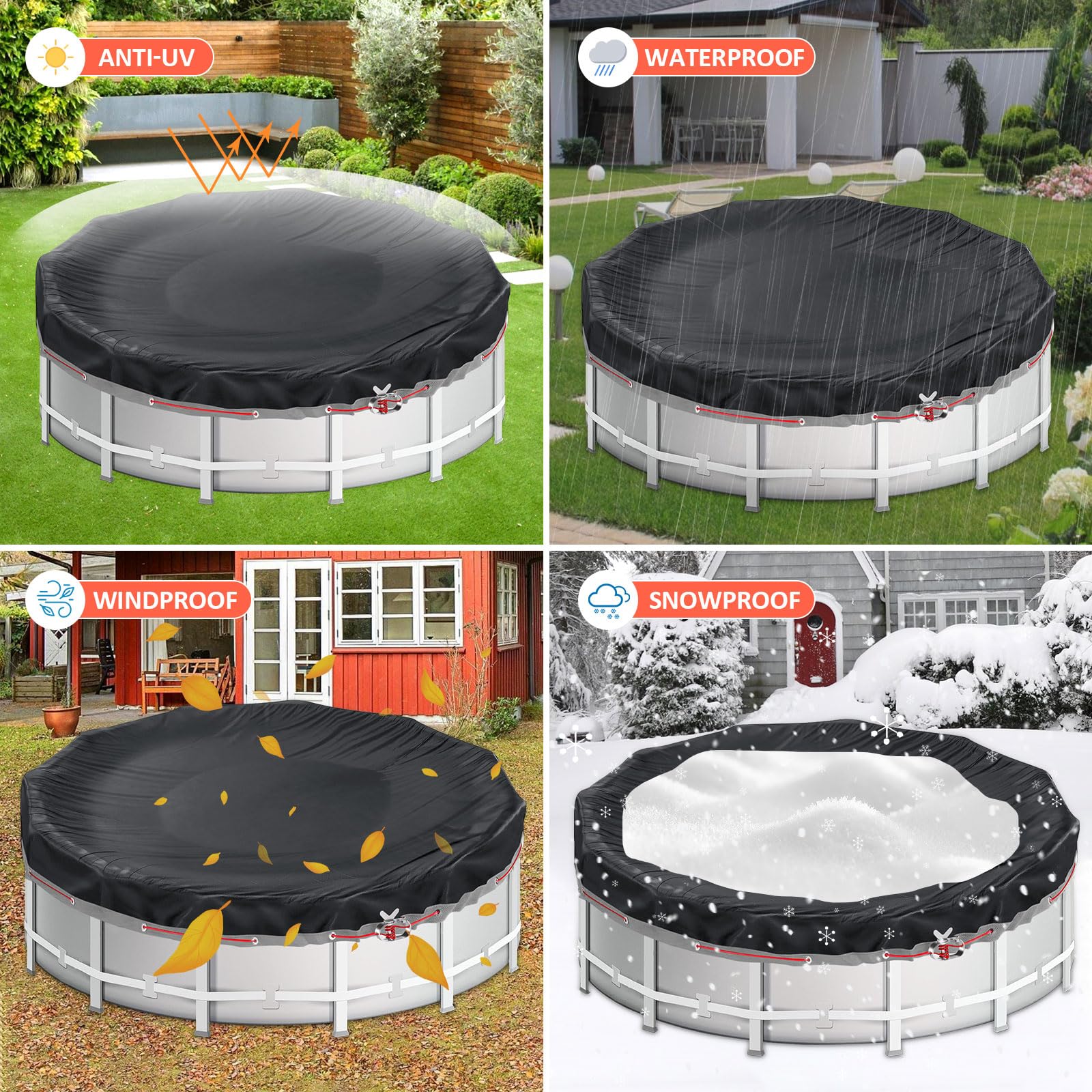 Poolabdeckung Rund für 244-305cm Pool | Pool Plane Ø310cm | Sommer & Winter Poolplane | 420D Oxford Reißfest | Abdeckplane für INTEX & BESTWAY Pools (Schwarze Ösen)