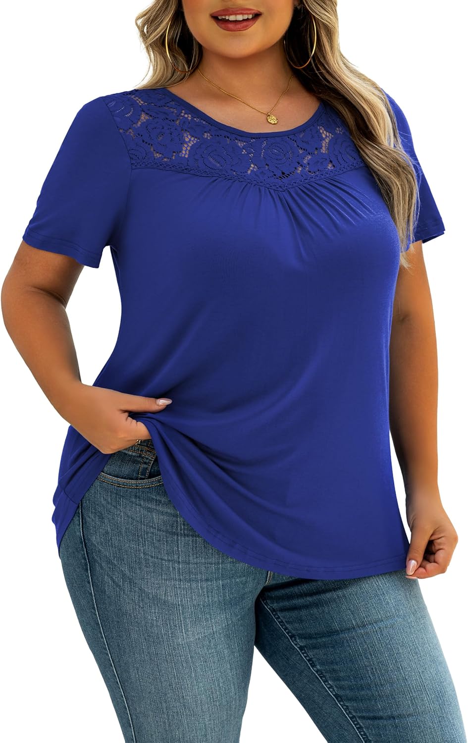Ahlaray Women's Plus Size Summer Tops Short Sleeve Shirts Lace Pleated Tunic Tops Blouses M-4XL