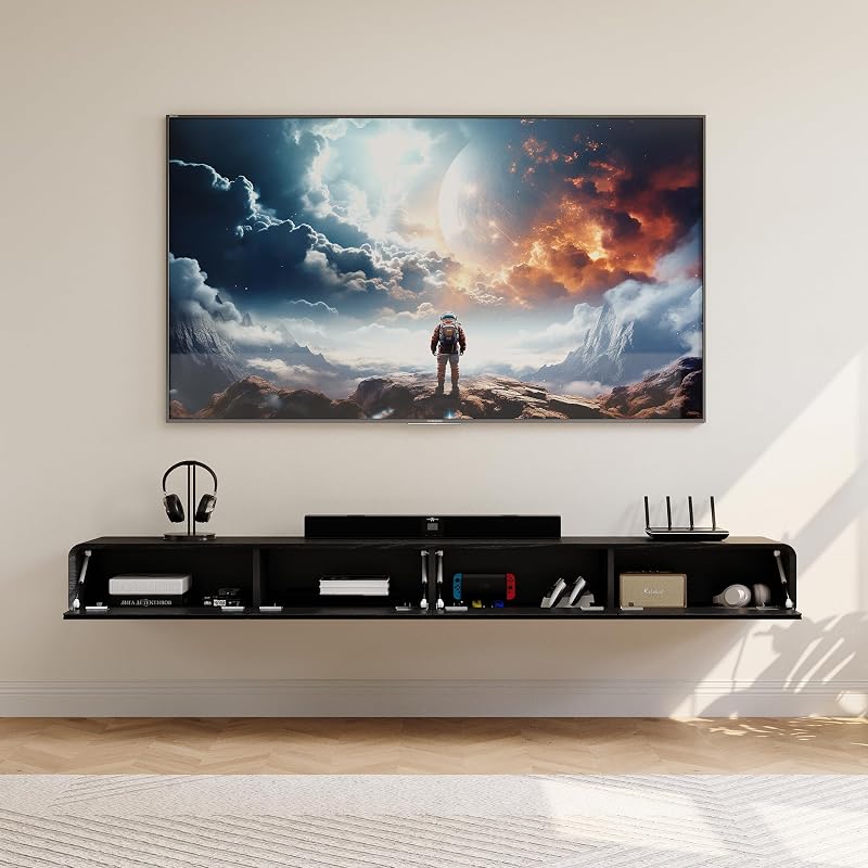 POVISON Fully-Assembled Minimalist Floating TV Stand with LED Lights, Modern Wall-Mounted Media Console with 4 Flip-Down Cabinet Doors for 85 Inch TV, Black Oak, 94" image 6