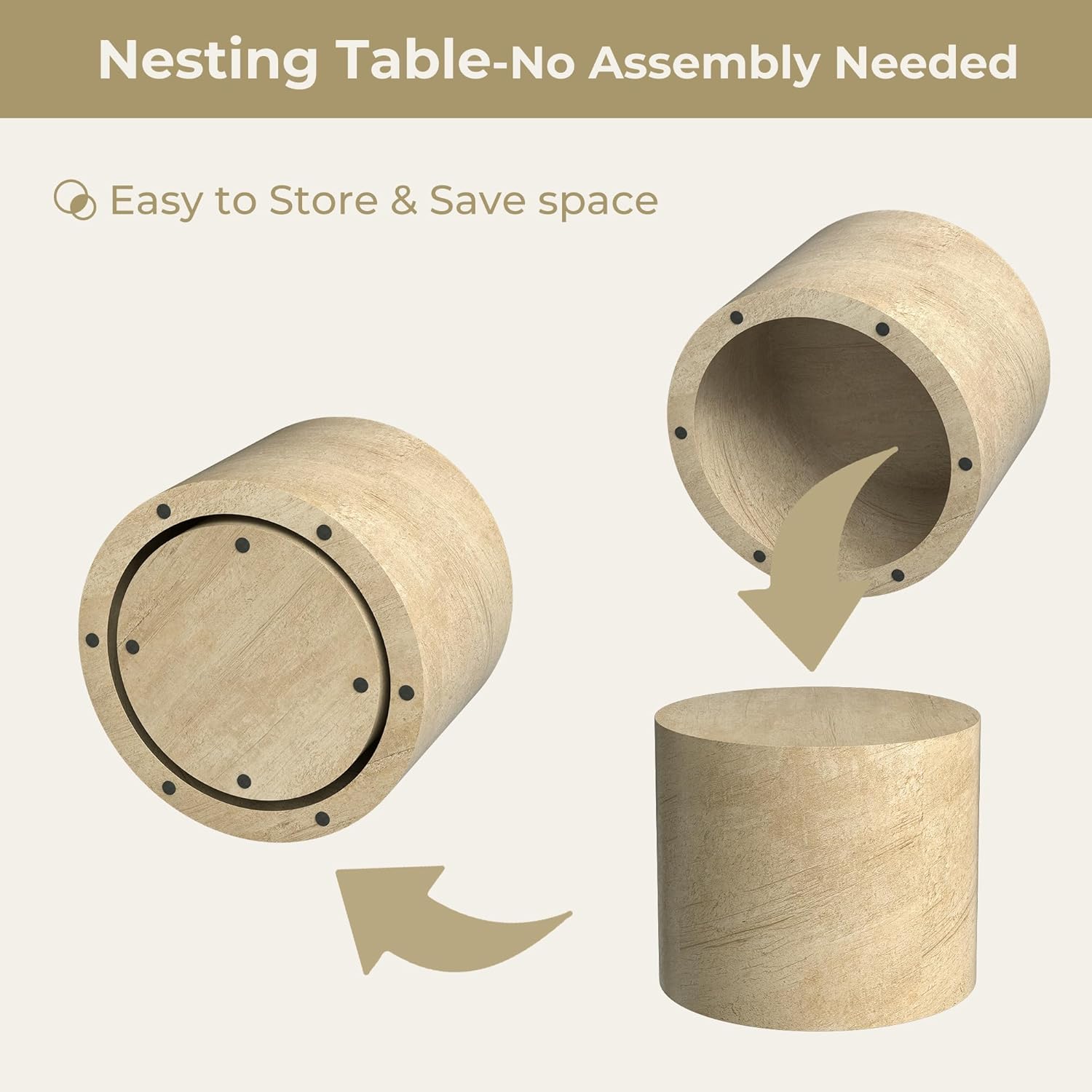 Nesting Coffee Table Set of 2, Beige Round Coffee Table with Non-Slip Feet, Modern Wooden Circle Accent Tables for Small Spaces Living Room, Bedroom, Balcony, Office Drum Side Table