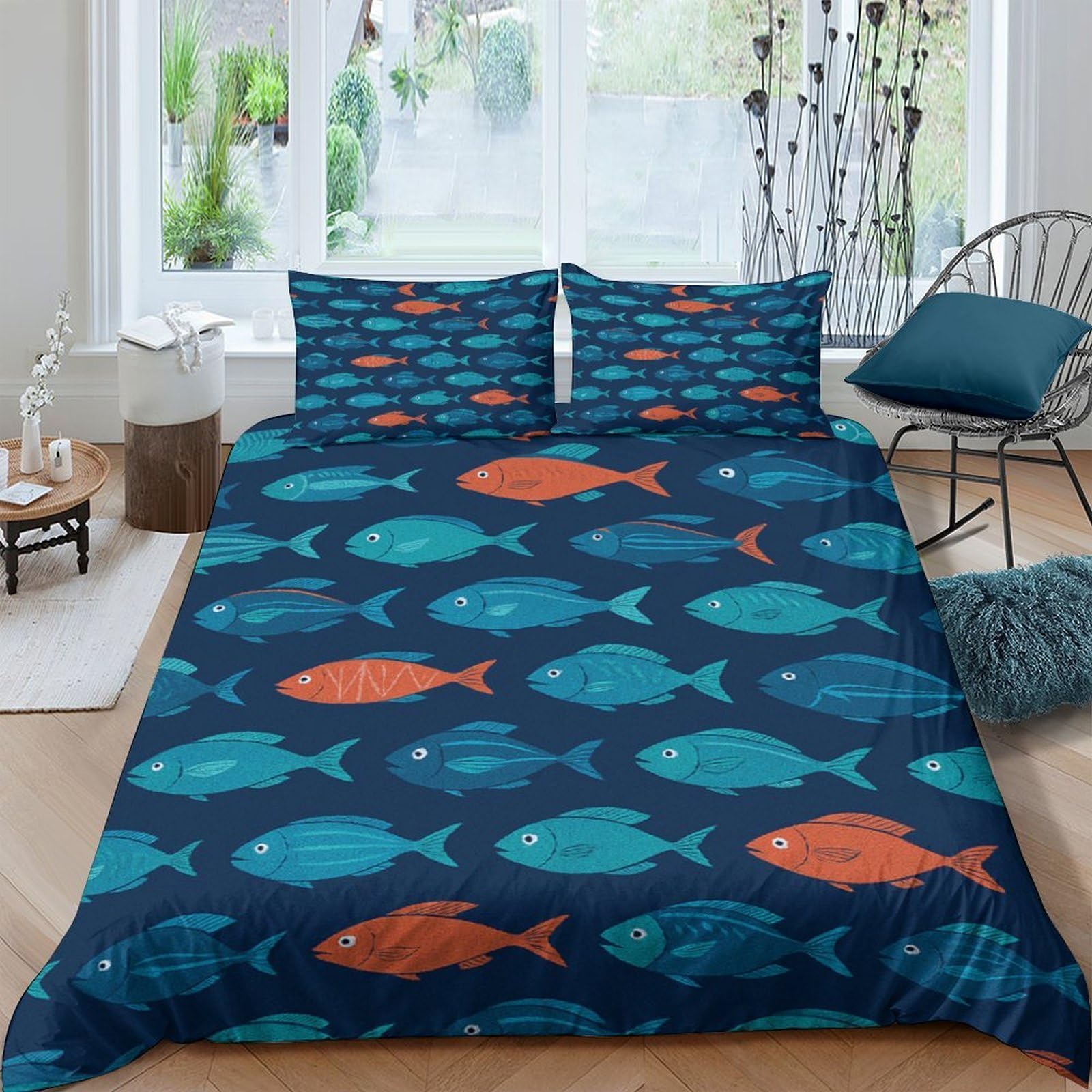 GPLZQXKJNH 3D Printed Blue Fish Pattern Duvet Cover Microfiber Soft Breathable Orange Sea Life Bedding Set with 2 Pillowcases for Bedroom Home Single（135x200cm）