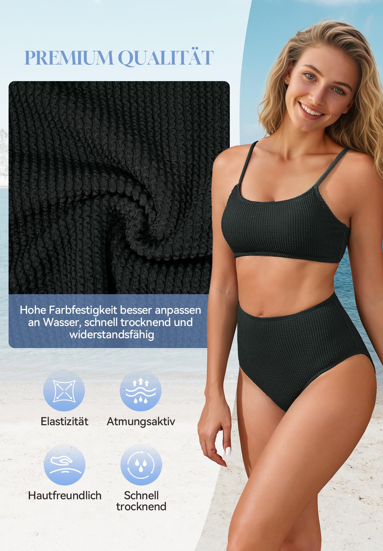 PONCEAU Bikini Damen Set High Waist Bauchweg - Gerippte Bademode mit Sport Oberteil & Hoher Bund Unterteil Strukturierte Bademode Zweiteiler Badeanzug für Strand & Pool