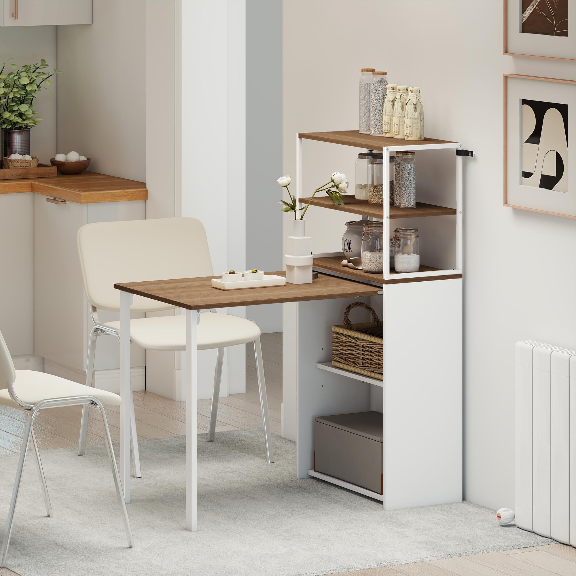 HOMCOM Escritorio Plegable con Estantería Estudio 105x60x127 cm Natural | Mesa de Escritorio con 4 Estantes, Mesa de Ordenador para Espacios Pequeños, Oficina en Casa