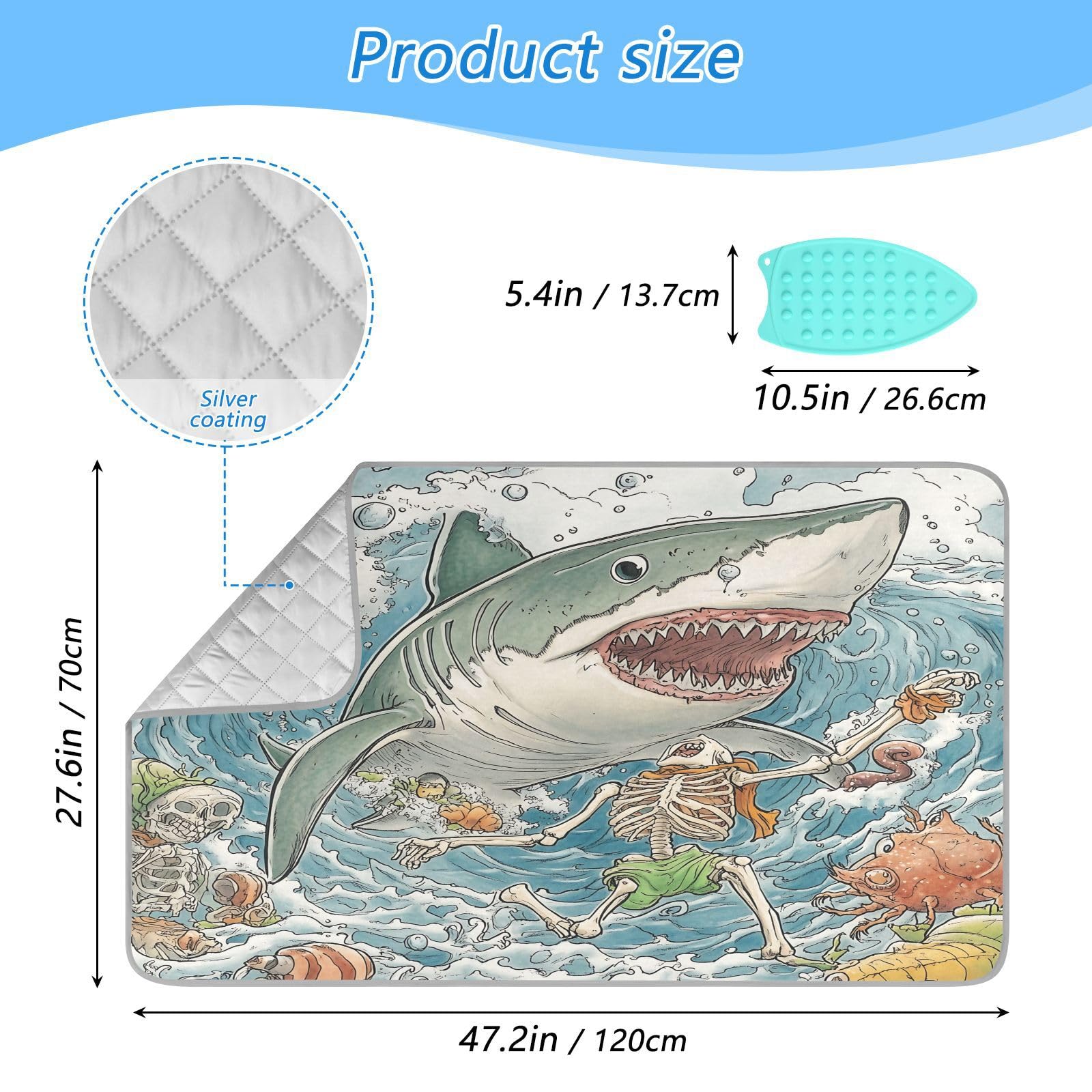 pnyoin Portable Ironing Mat Big Shark Mouth Open Travel Ironing Pad with Silicone Iron Rest for Steam Pressing on Tabletop or Bed Heat Resistant Portable Quilting & Travel Blanket