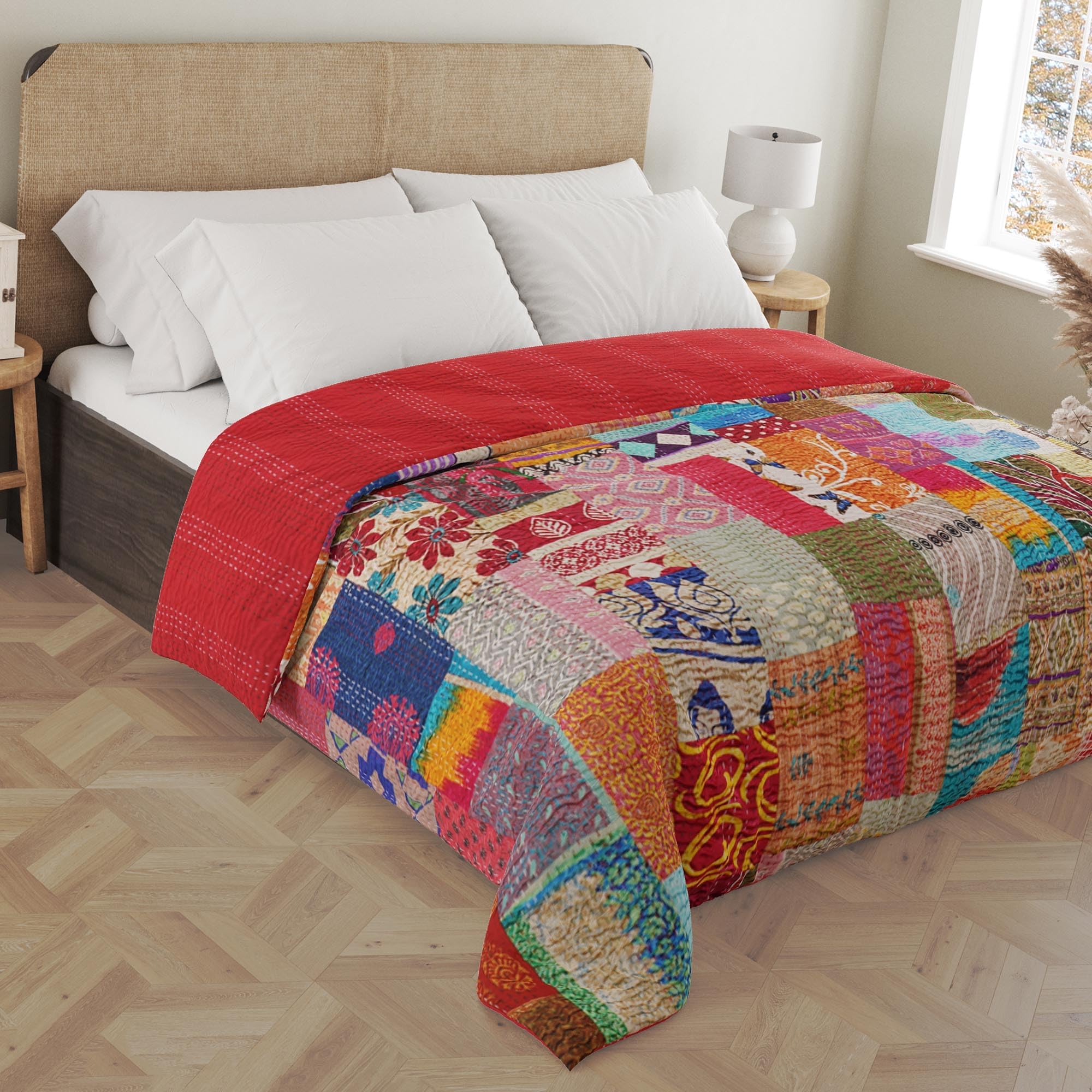 Marubhumi Quilts Indian Handmade, Reversible, Vintage Kantha Quilt, Comforter, Indian Silk Sari Quilt, Multicolor -Twin 60 x 90 Inches