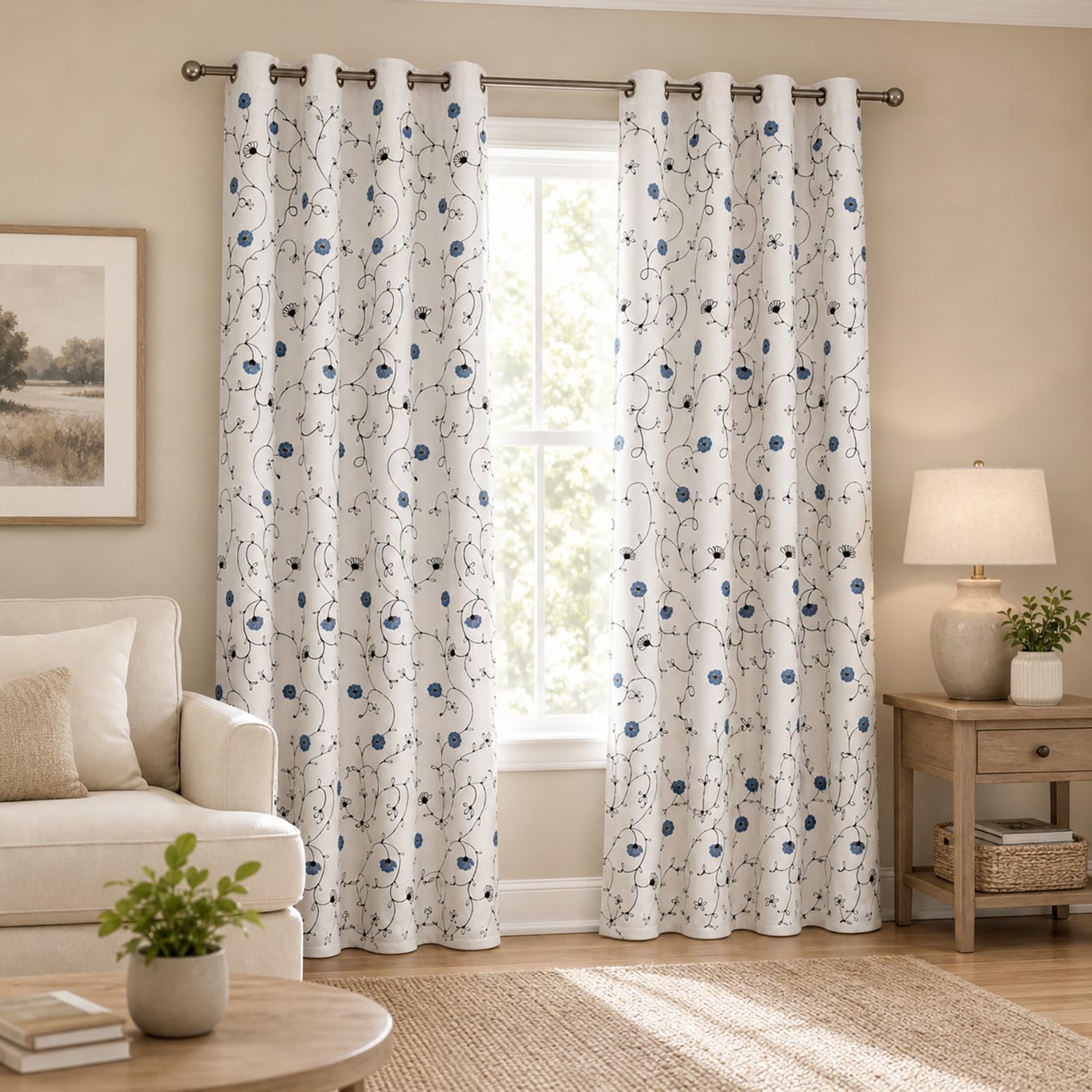 VOGOL Lot de 2 Rideaux à œillets brodés de Style Simple et élégant pour Salon, Chambre à Coucher, 132 x 213 cm, Motif Floral Bleu en Blanc