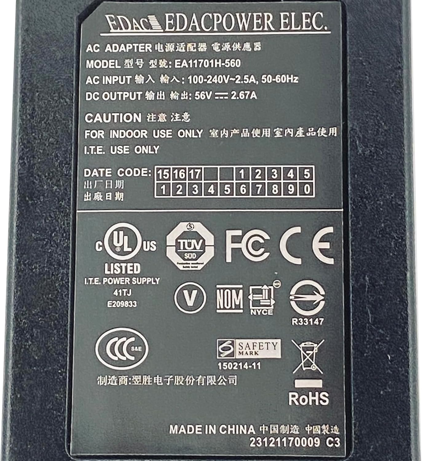 150W 4-Pin Edac EA11701H-560 AC Adapter 56V 2.67A Power Supply Cord