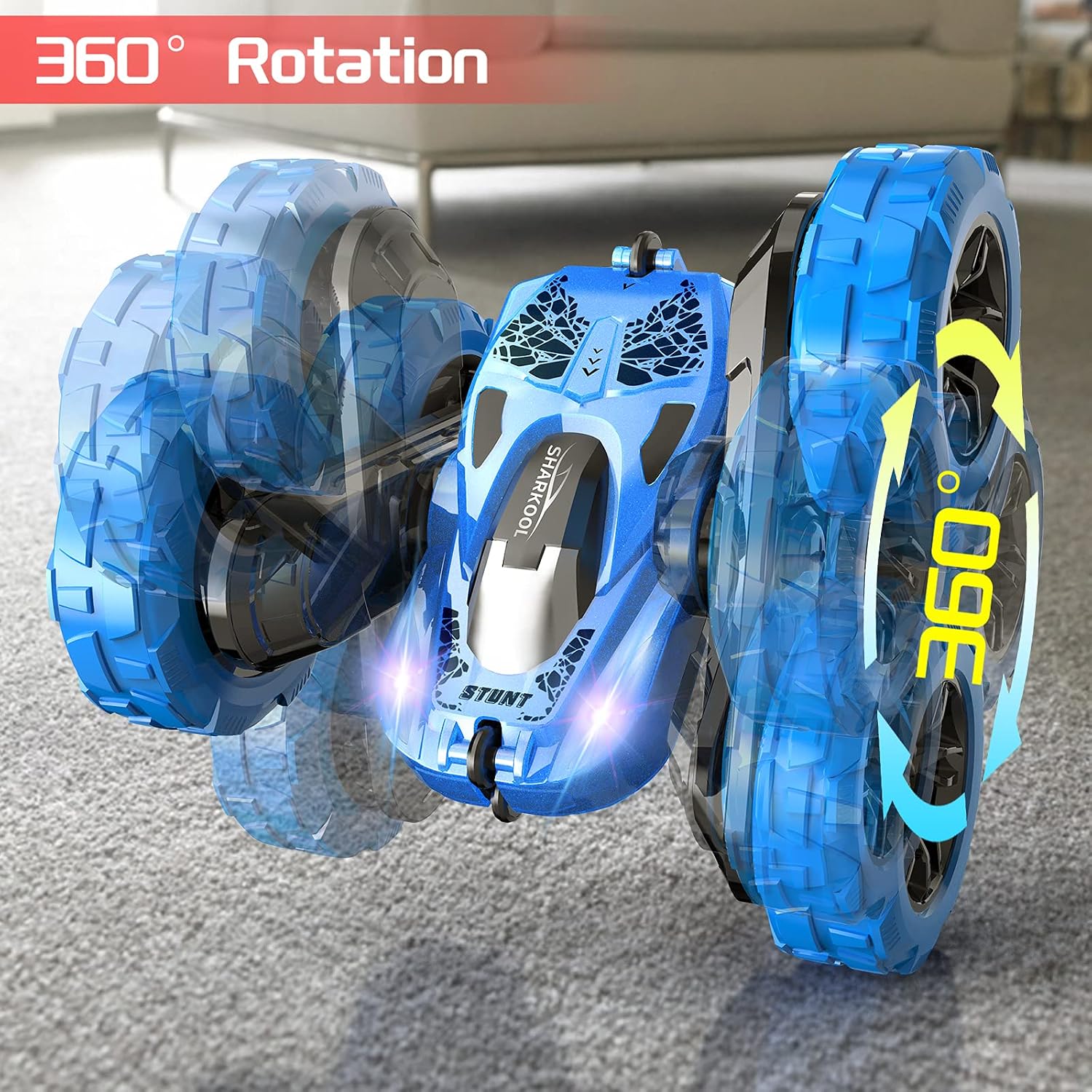 SHARKOOL Remote Control Car, 2.4GHz Electric Race Stunt Car, 4WD High Speed Double Sided 360° Rolling Rotating RC Car, LED Headlights Off Road Toy Car for 3 4 5 6 7 8-12 Year Old Boys&Girls