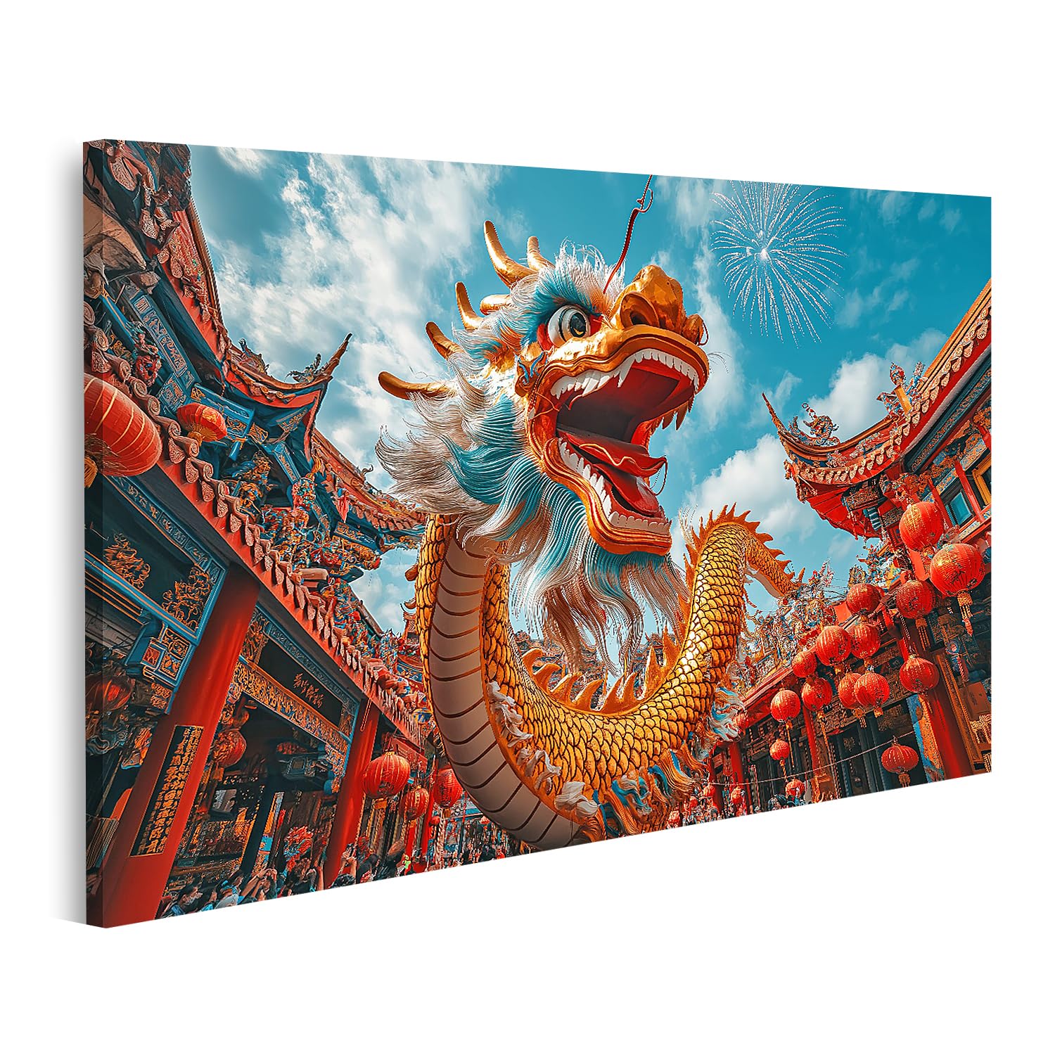 islandburner Prime Quadro su tela con drago di leone al tempio con fuochi d'artificio, atmosfera festival, poster
