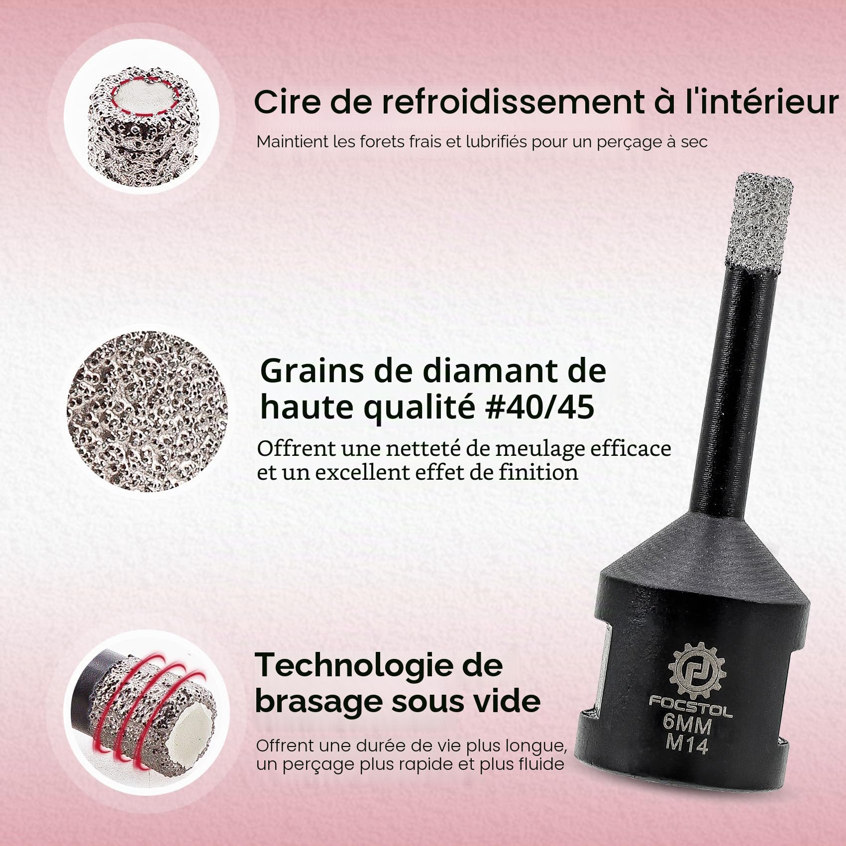 FOCSTOL Scie Cloche Diamant - 10 pièces 6mm Foret Diamant Carrelage pour Porcelaine Céramique Carrelage Marbre Granit M14 Filetage pour Meuleuse d'Angle
