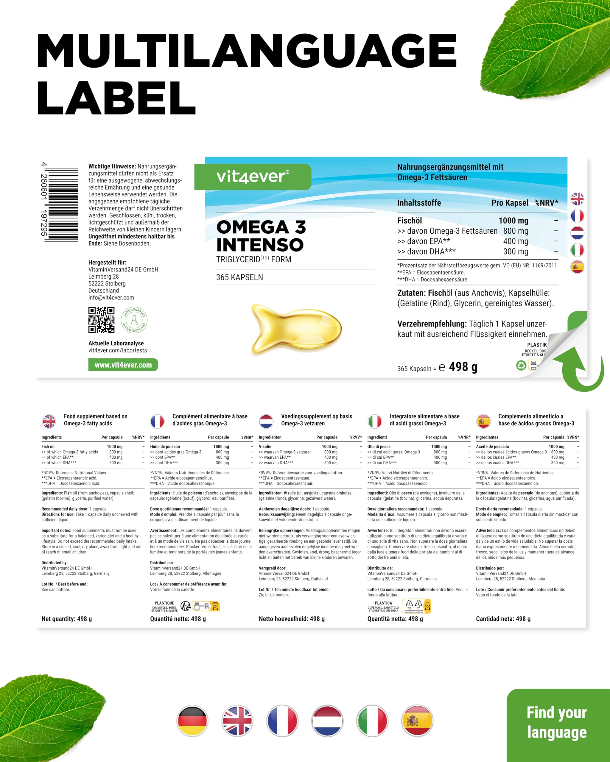 vit4ever Premium Omega 3-80% Omega-3-Fettsäuren - 365 Kapseln | 1000 mg Fischöl mit 400 mg EPA & 300 mg DHA - Triglycerid-Form - aufwendig gereinigt - nachhaltig - Laborgeprüft