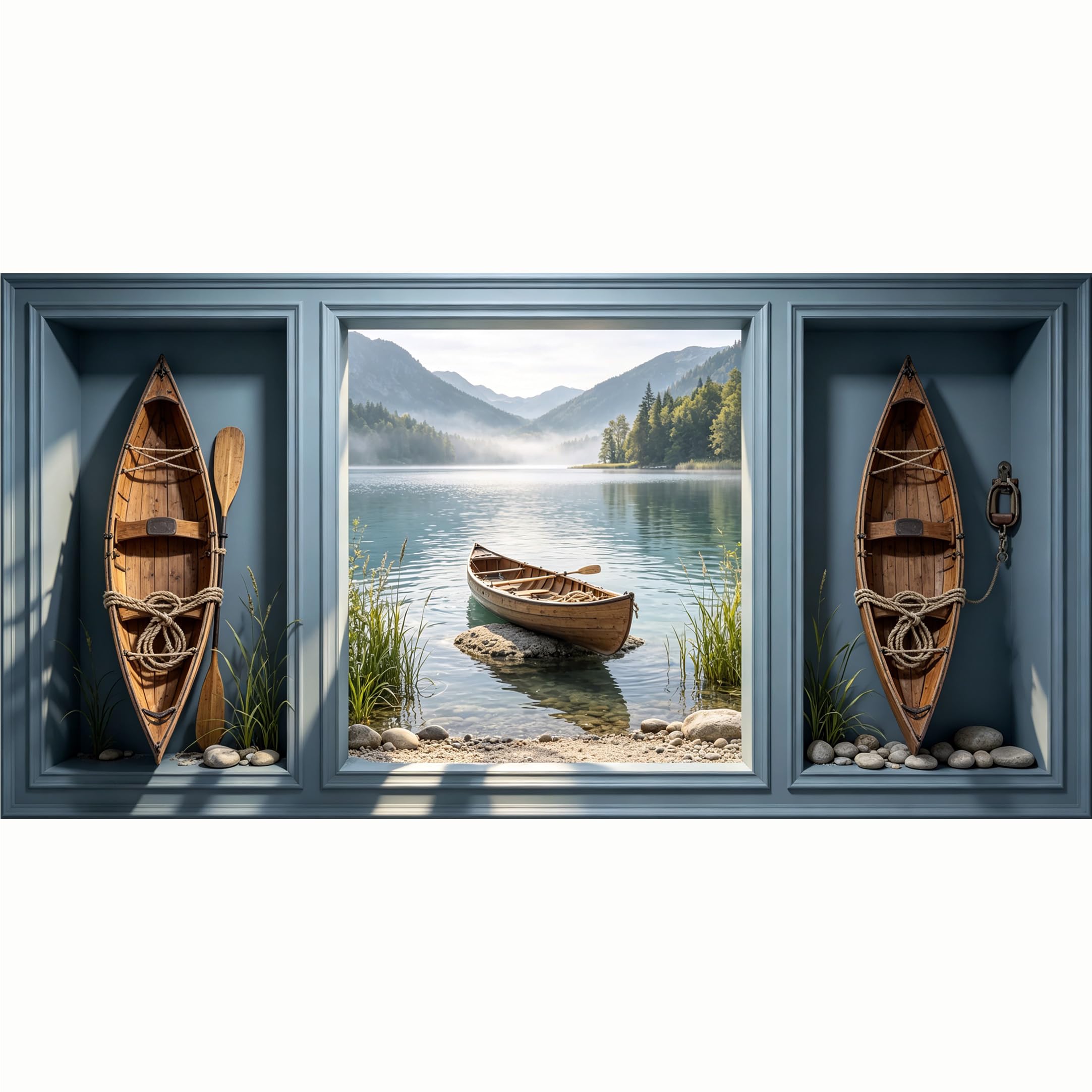 QZLITHOTIC 50x100cm 3D Framed Wall Art， Mountain Lake Canoe Landscape Trompe l'oeil SelfAdhesive Mural， WaterActivated Peel & Stick Fabric Decor Wall Decal for Bedroom Living Room