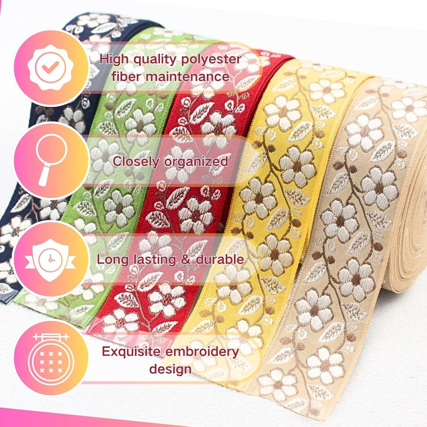 PEARLY JUN 35 Yards 5 Colors Jacquard Ribbon Trim for Wewing Embroidered Ribbon Fabric Trim for Decorative Curtain DIY Sewing Crafting Embellishments Clothing Home Decor Gift Wrapping