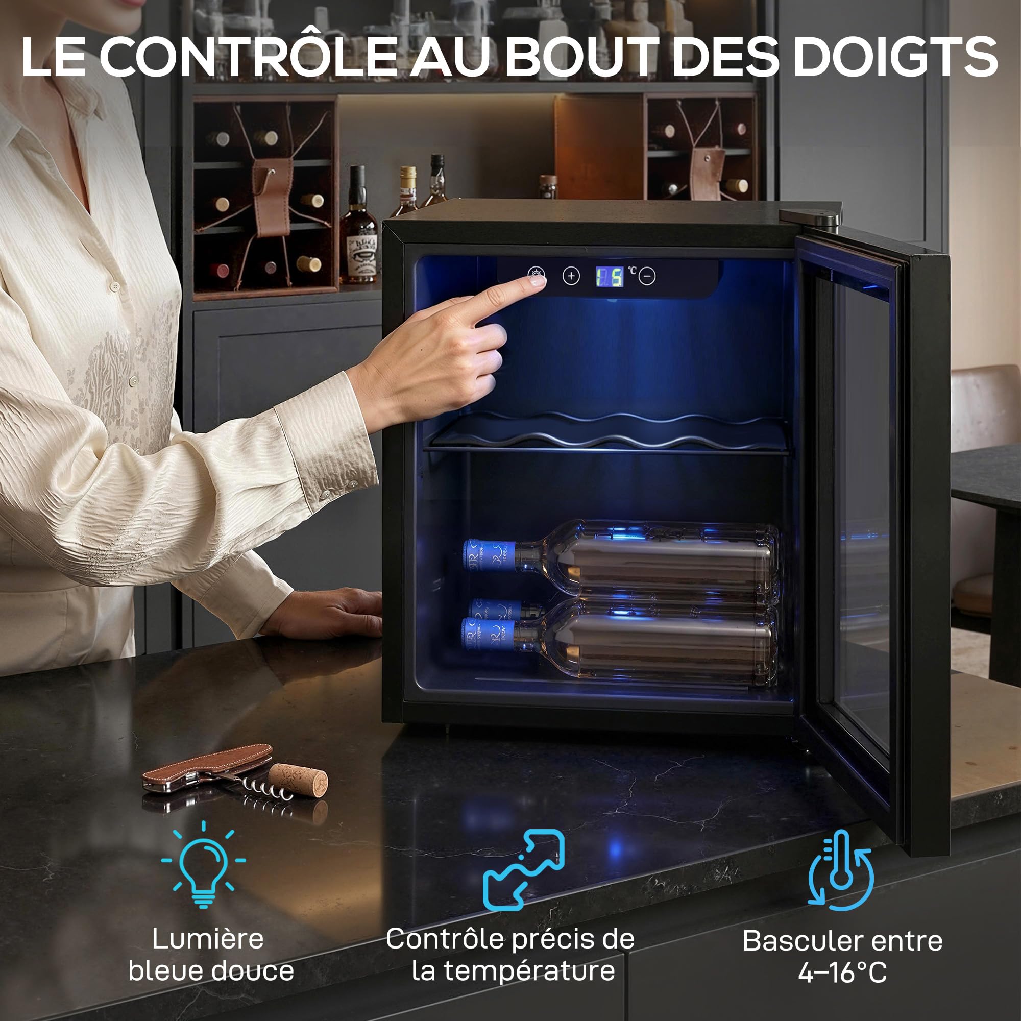 HOMCOM Cave à Vin 12 Bouteilles 36L, Réfrigérateur à Vin avec Température Réglable 4-16°C, Porte Réversible en Verre Trempé, Noir