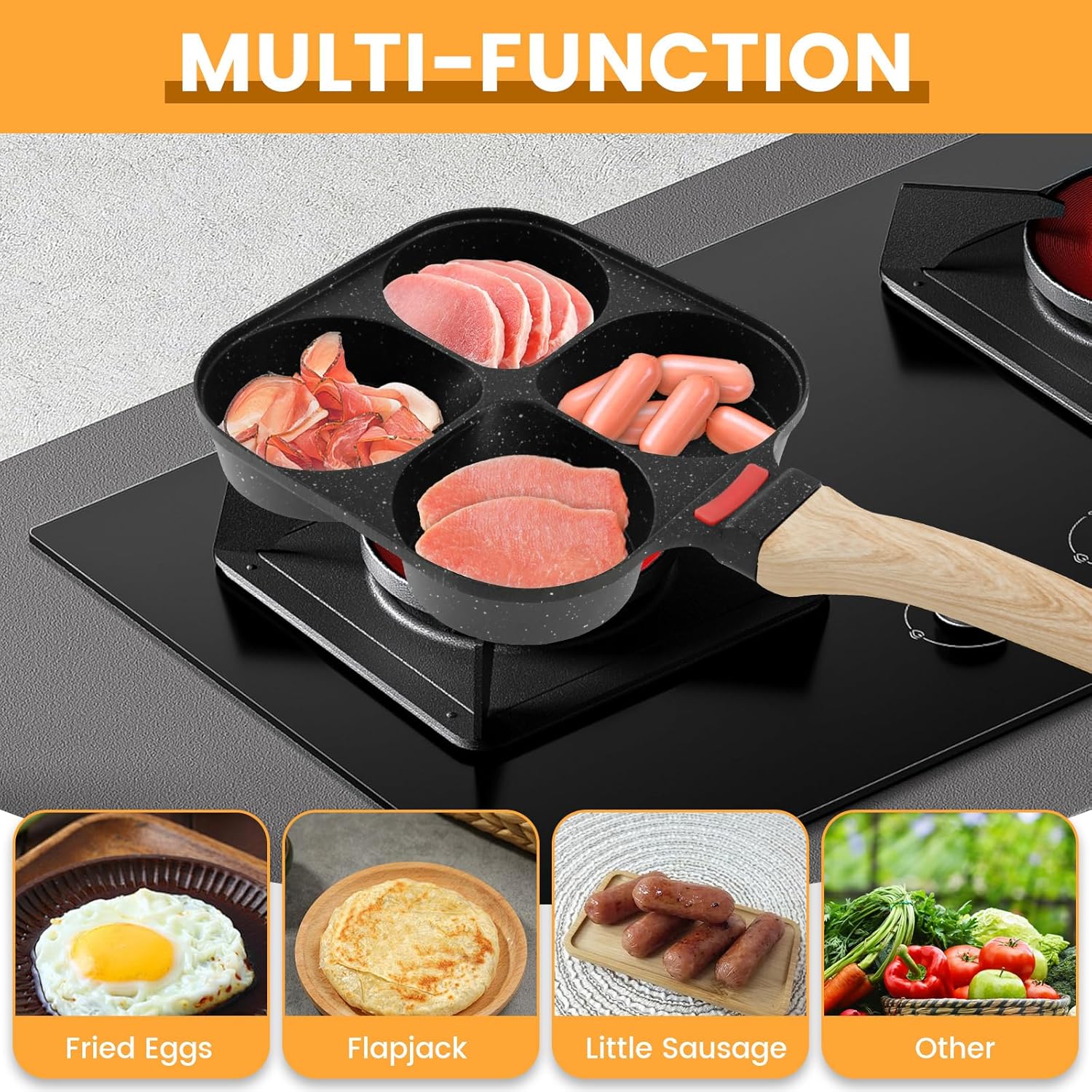4 Cups Egg Frying Pan Nonstick Egg Pan Multifunctional Omelette Pan Healthy Omelette Skillet with Wood Handle