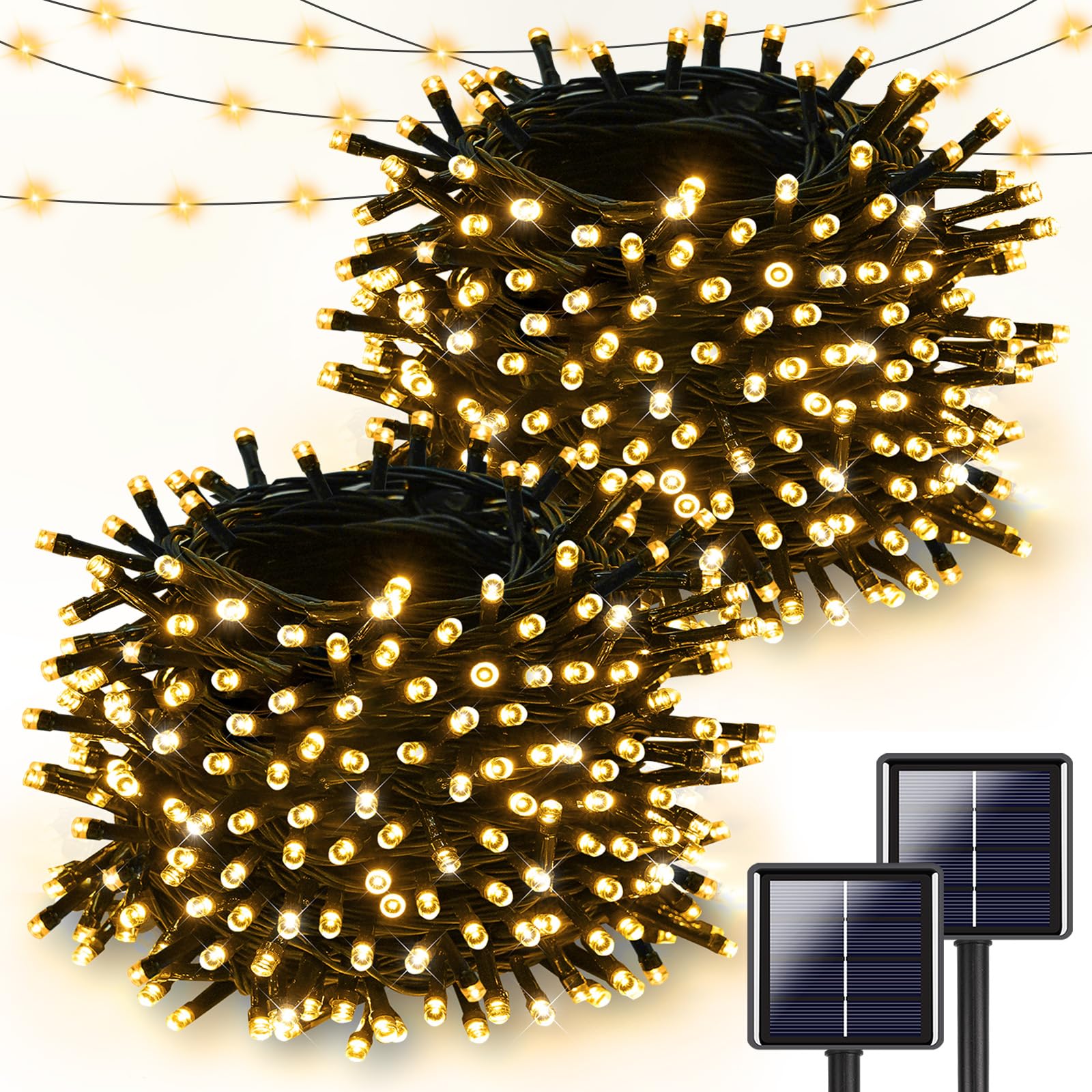 2 Pack Super Long Solar Christmas Lights Outdoor Waterproof, 400 LED 144FT Solar String Lights with Green Wire 8 Lighting Modes, Mini Led Twinkle Light for Xmas Tree Fence Yard Party Decor, Warm White
