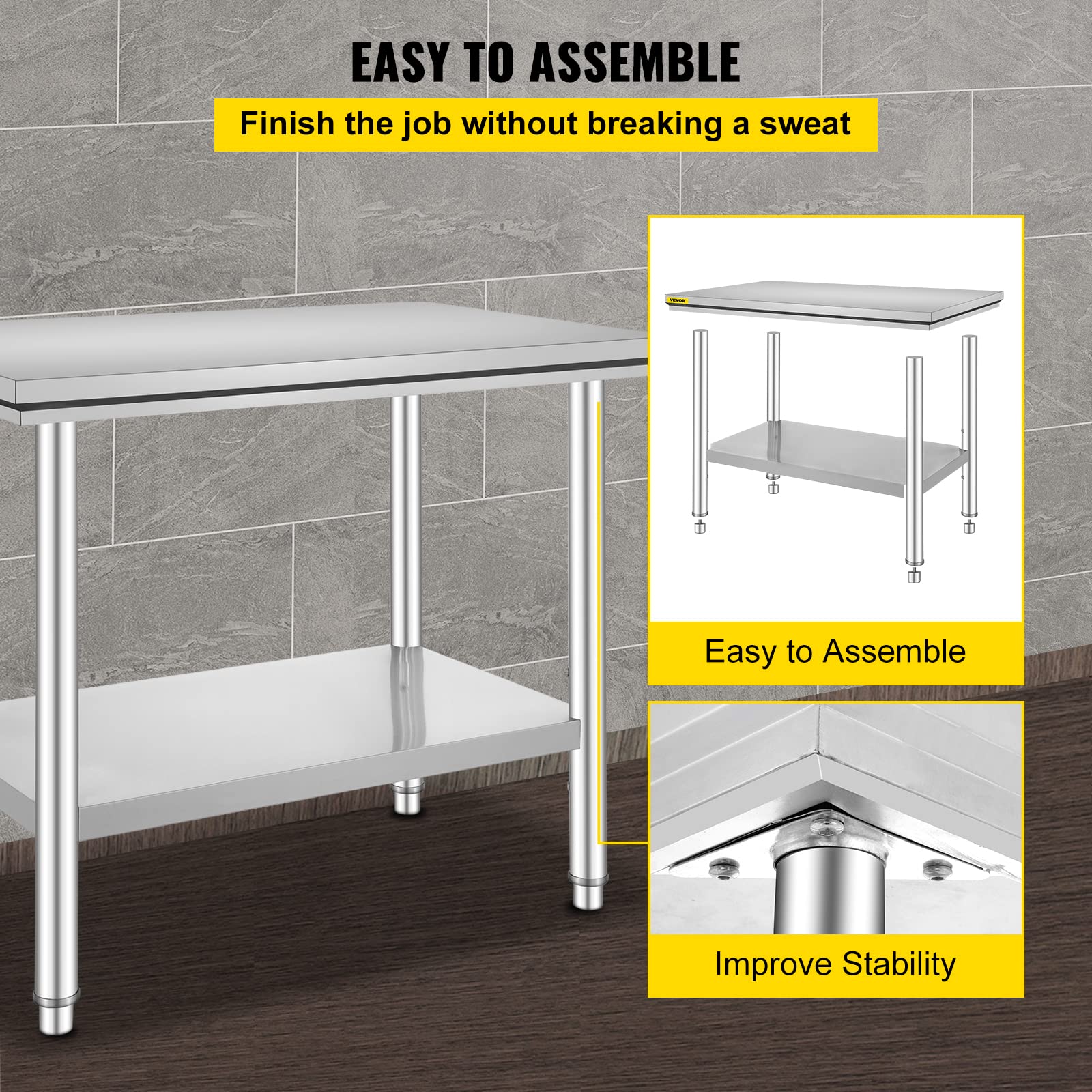 VEVOR 60x90x80cm Table De Travail De Cuisine Professionnelle en Acier Inoxydable Cuisine Table De Travail De Restauration pour Cuisine en Acier Inoxydable (60x90x80cm)