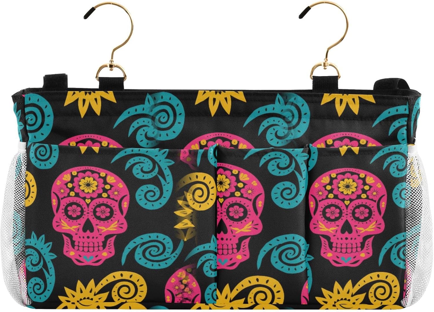 Ethnic Paisley Flower Skull Pink Yellow Black Bedside Hanging Storage Basket Storage Bag With Pockets Hanging Organizer for Headboards/Bunk Bed organizador de libros