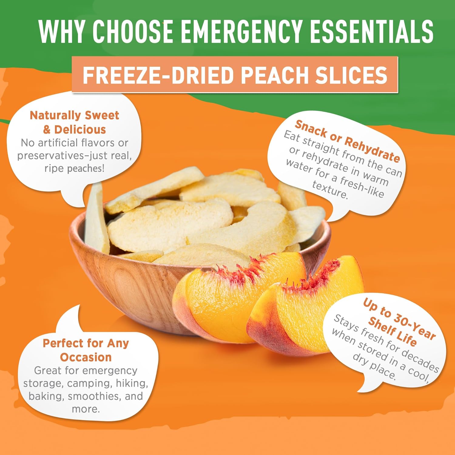 Emergency Essentials Freeze-Dried Peach Slices #10 Can, Freeze-Dried Fruit, Freeze-Dried Peaches, Peach Rings Snacks, Emergency Food Cans, 30-Year Shelf Life Food