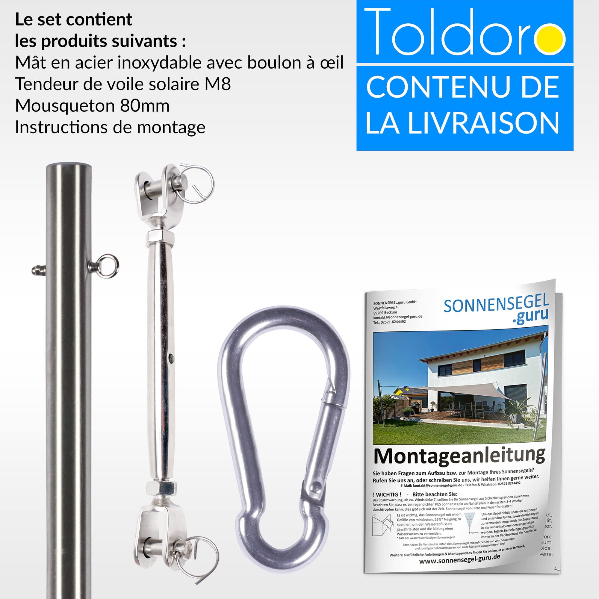 Toldoro® Mât pour Voile d'ombrage 3,5m Ø70mm, poteaux en Acier Inoxydable V2A avec boulons à œil Inclus dans la Livraison avec Douille au Sol pour la Fixation pour Voile d'ombrage