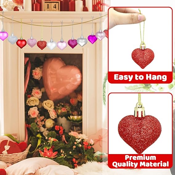 48 Pieces Valentine's Day Heart Baubles Ornaments Valentine's Day Heart Shaped Ornaments for Valentine's Day Decoration or Wedding Anniversary Party Supplies, 4 Colors in 3 Styles