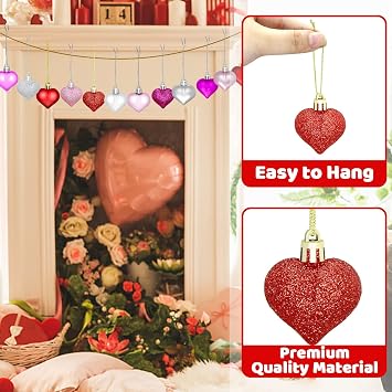 48 Pieces Valentine's Day Heart Baubles Ornaments Valentine's Day Heart Shaped Ornaments for Valentine's Day Decoration or Wedding Anniversary Party Supplies, 4 Colors in 3 Styles