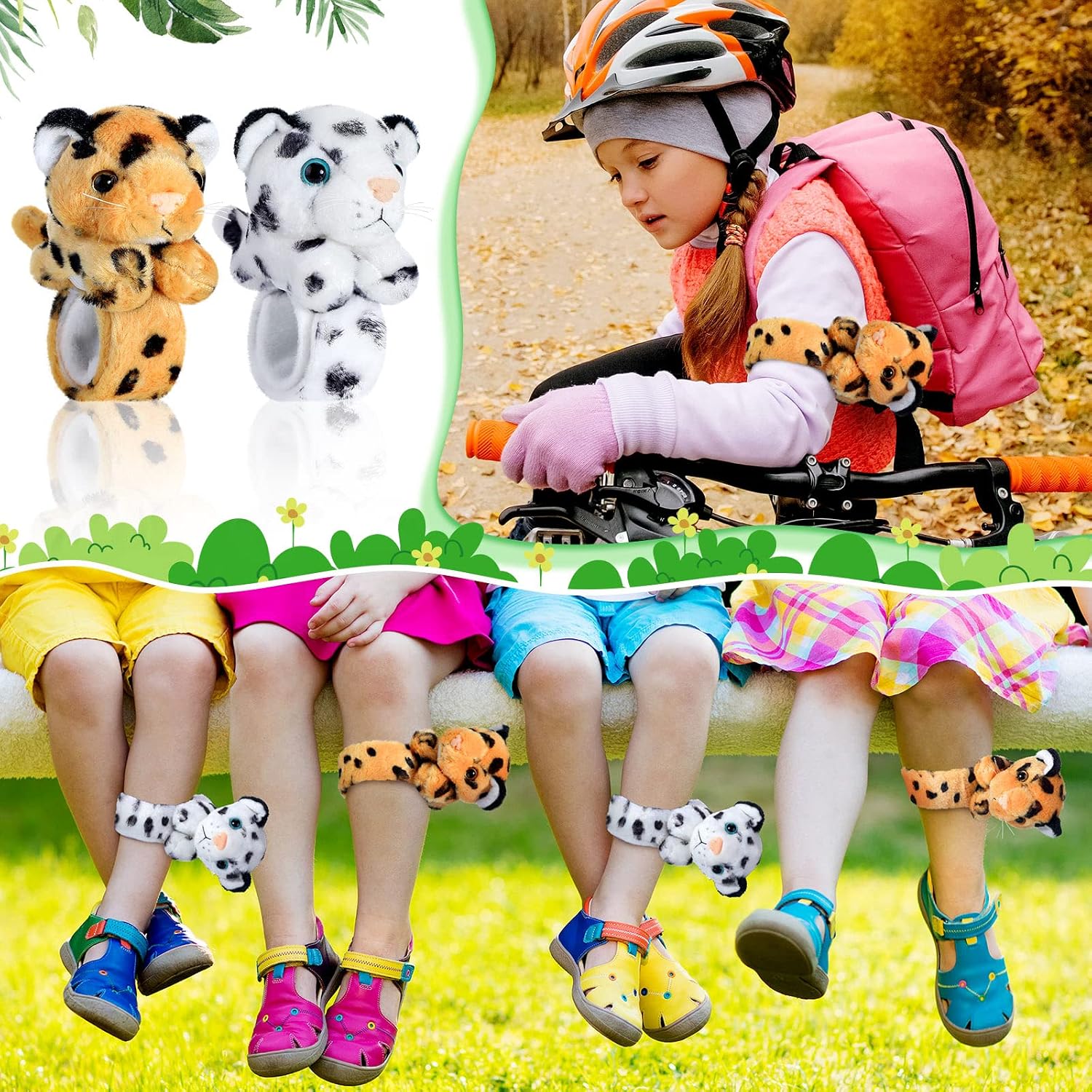 Sosation 6 Pcs Plush Slap Bracelets for Kids, Soft Tiger and Leopard Stuffed Animal Wristband, Jungle Safari Theme Party Favors for Birthday, Classroom Prizes and Gift Bag Filler(Leopard Style)