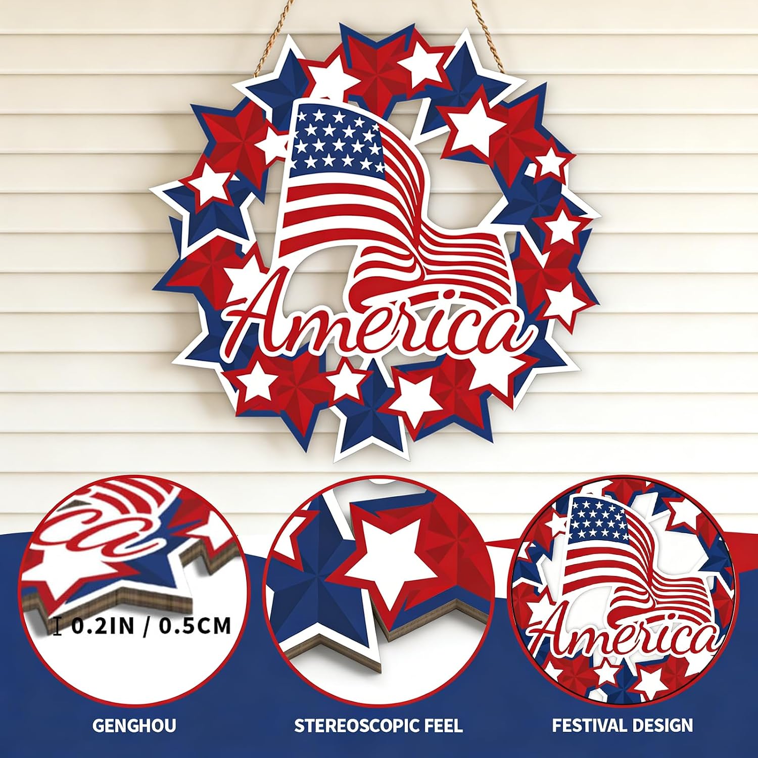 4th of July Patriotic Wreath, Independence Day Wooden Red White and Blue Door Sign, Welcome Wreath for Front Door Memorial Day Decorations Party Supplies