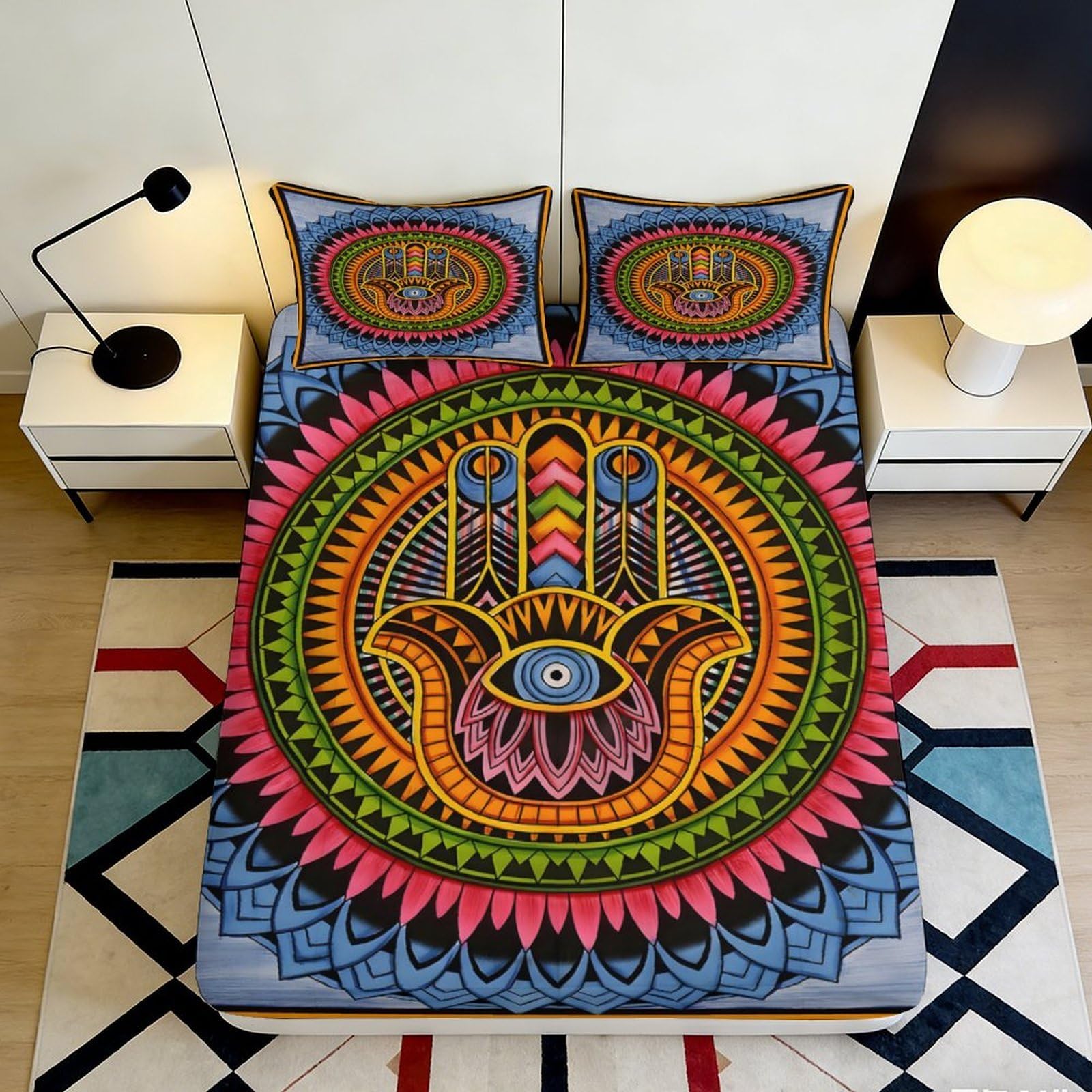 Pnayamiorkfel Style-5 3D Printed Mandala Hamsa Hand Fitted Sheet Microfiber Vibrant Colourful Bed Cover For Bedroom Guest Room Decor 90X200x25cm