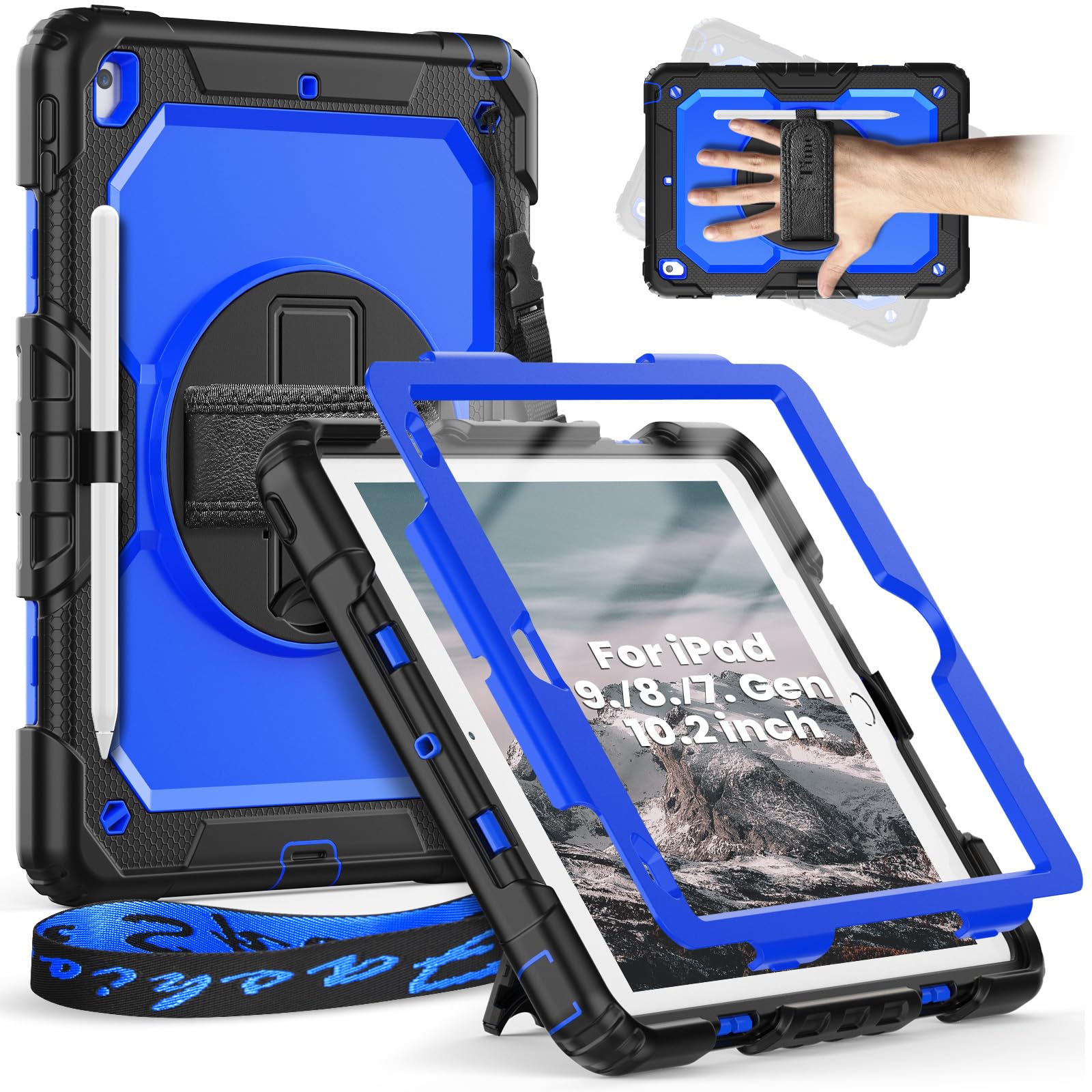 Timecity Case for iPad 9th/ 8th/ 7th Generation 10.2 inch - Heavy Duty Protective Cover with Screen Protector, Rotating Stand, Shoulder Strap & Pencil Holder | Kids-Friendly, Blue
