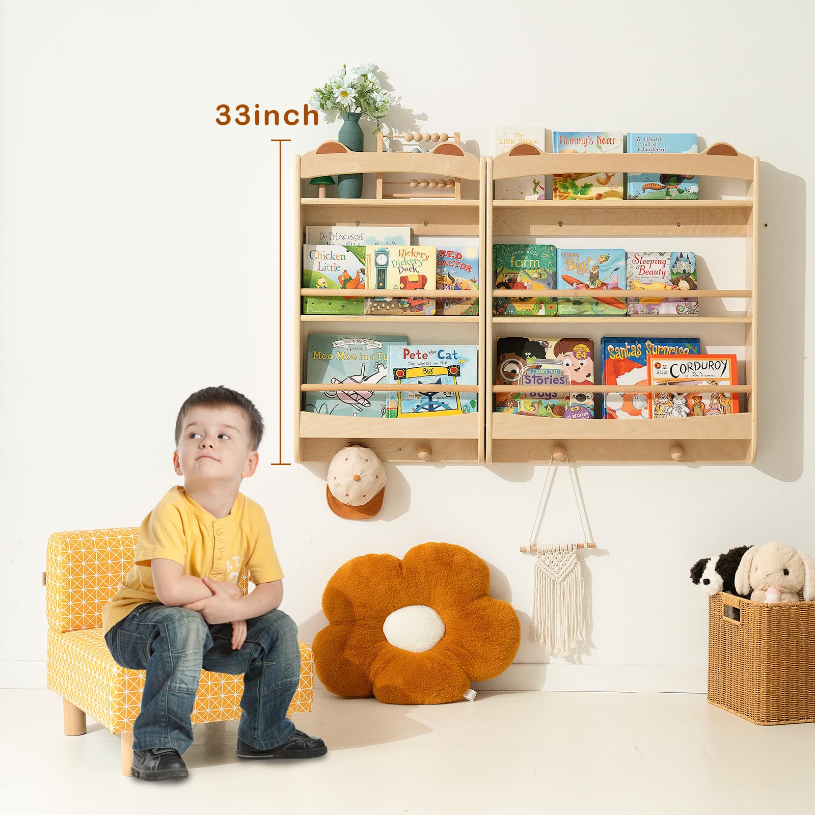 Kidi House Wall Bookshelf - 3-Tier Floating Wooden Shelves for Kids Room, Nursery, Baby Room, Playroom, Living Room - Birch Hanging Montessori Bookshelf (Narrow)