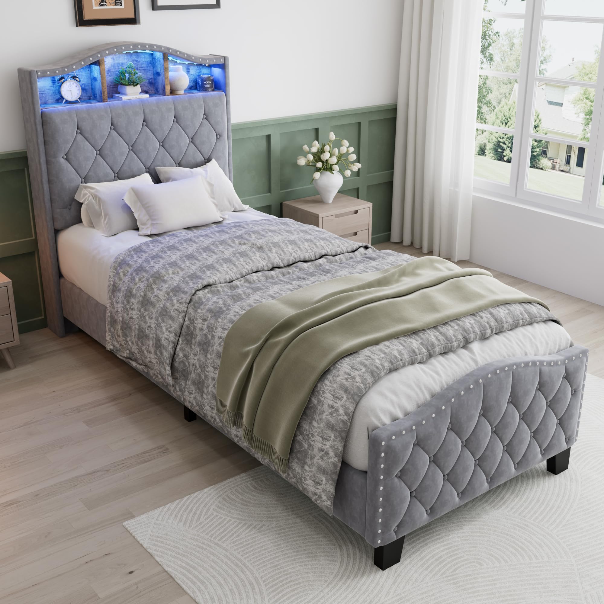 Merax 3FT Single Bed Upholstered Bed Frame with LED Lights, Storage Shelf, 90x190cm,Velvet Modern Storage Bed with Soft Headboard, Wooden Slats for Adults & Teenagers, Grey-No Mattress โ image 1