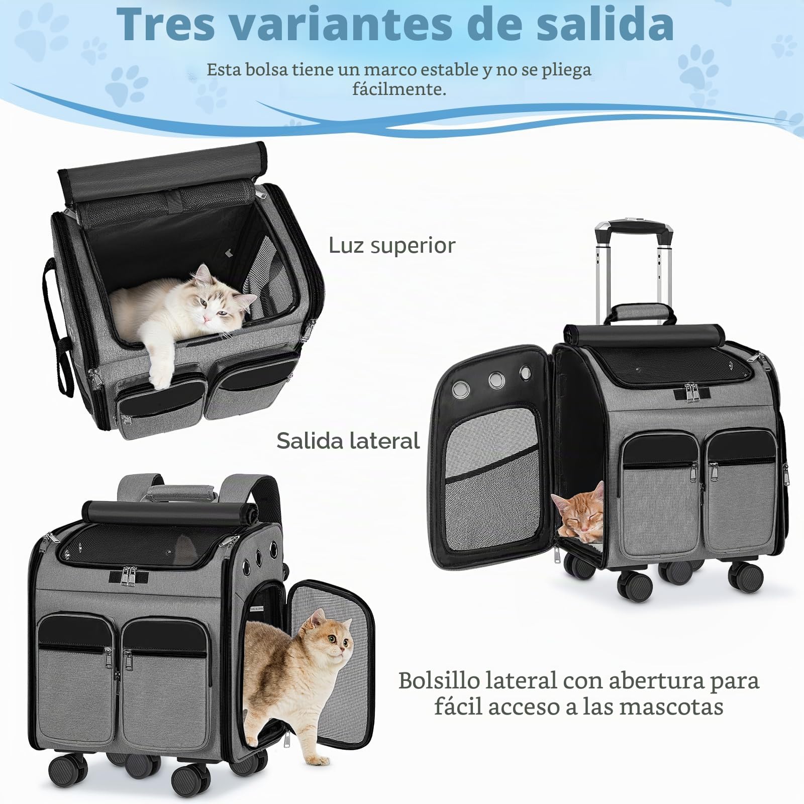OUUTMEE Con carro 2 en 1 hasta 20 kg, mochila para gatos grande con ruedas, mochila multifuncional, transpirable, gris