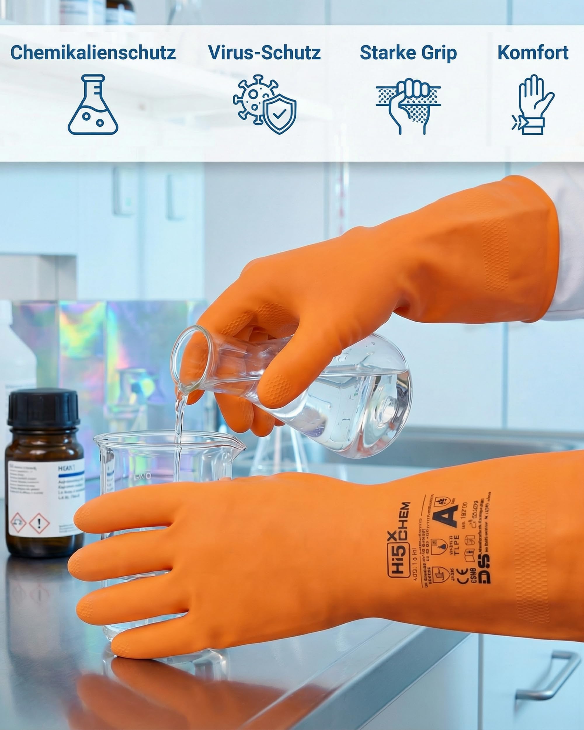 Hi5 X-Chem Chemikalienschutzhandschuhe Typ A – AKLMNPST – Naturkautschuk 0,70 mm – flockgefüttert – Anti-Rutsch – EN 374–1 Typ A & EN 388 – orange (XXL, 12, stück)