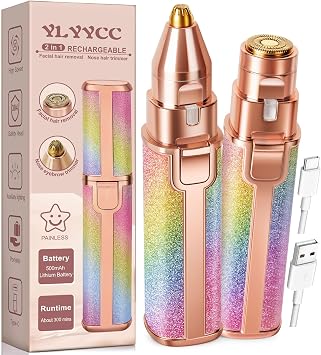 2-in-1 Nose & Eyebrow Trimmer, Facial Hair Removal for Women | Rechargeable, Built-in LED Light, Face Shaver, for Removing Chin, Upper, Lower Lip Area Peach Fuzz