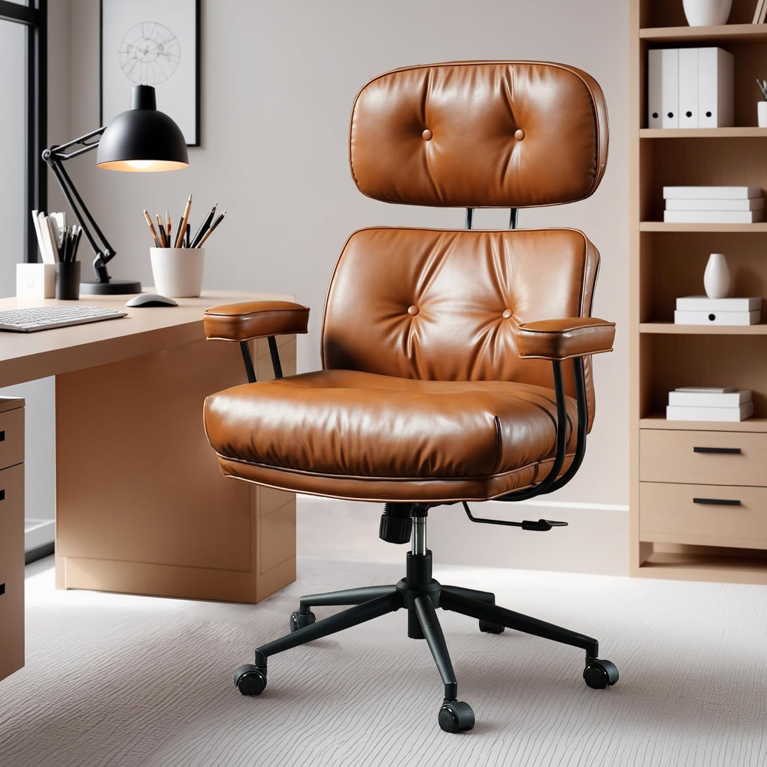 ovios Ergonomic Office Chair, Mid-Century Modern Faux Leather Executive Chairs with Thick Cushion, Comfy High Back Swivel Rolling Computer Armchair (Brown, PU Leather)