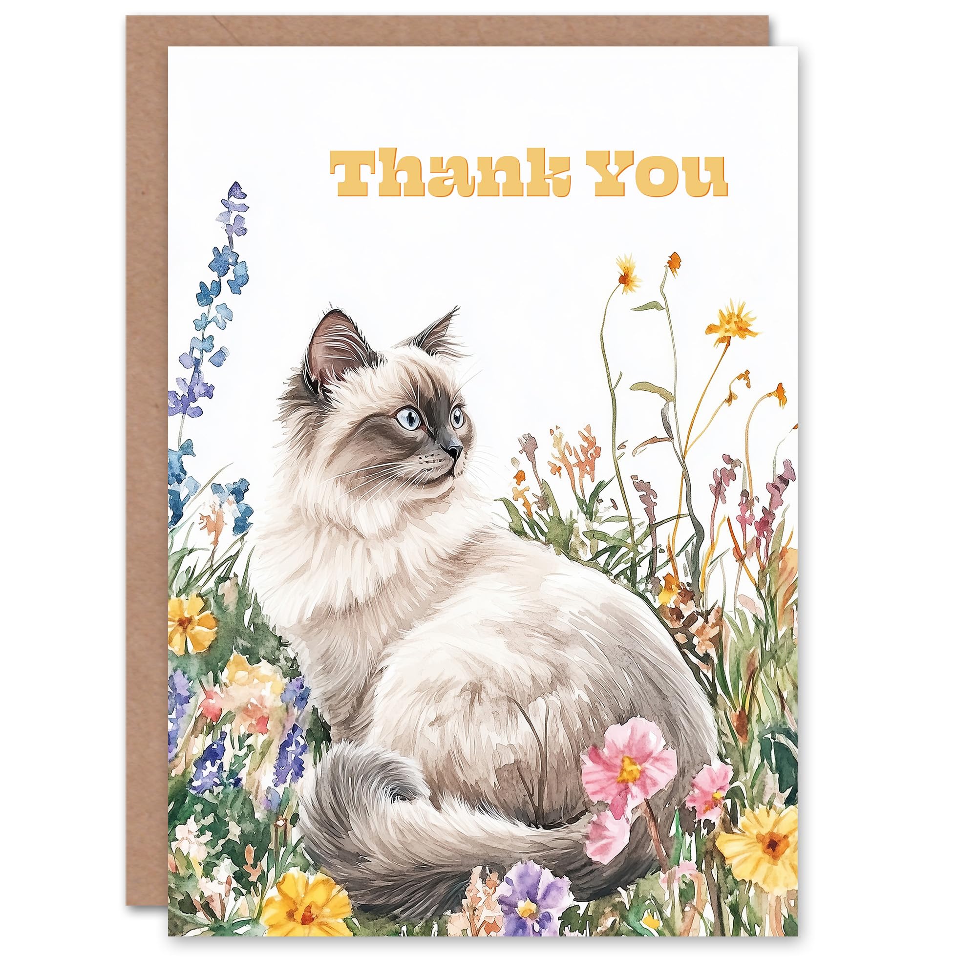 Artery8 Thank You Card Ragdoll Cat Lover Pet and Wildflowers Watercolour Blank For Him Or Her Art Greeting Card